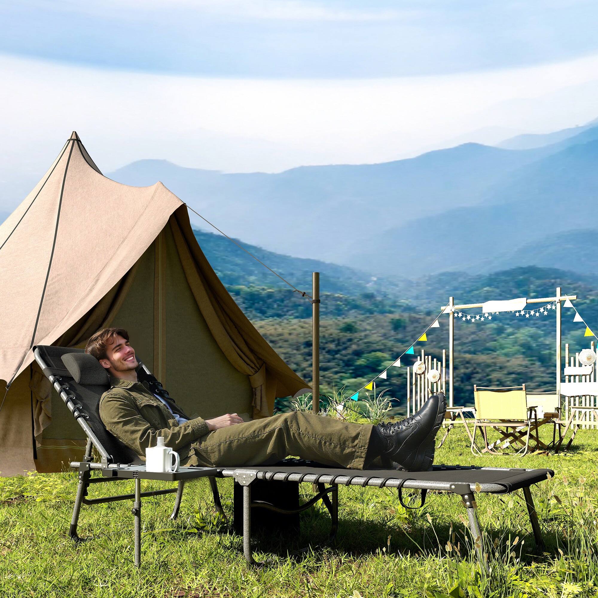 Alt View 1. Outsunny - Folding Chaise Lounge Chair Outdoor Tanning Chair with Side Table, 5-Level Adjustable Beach Lounge Chair with Headrest - Black.