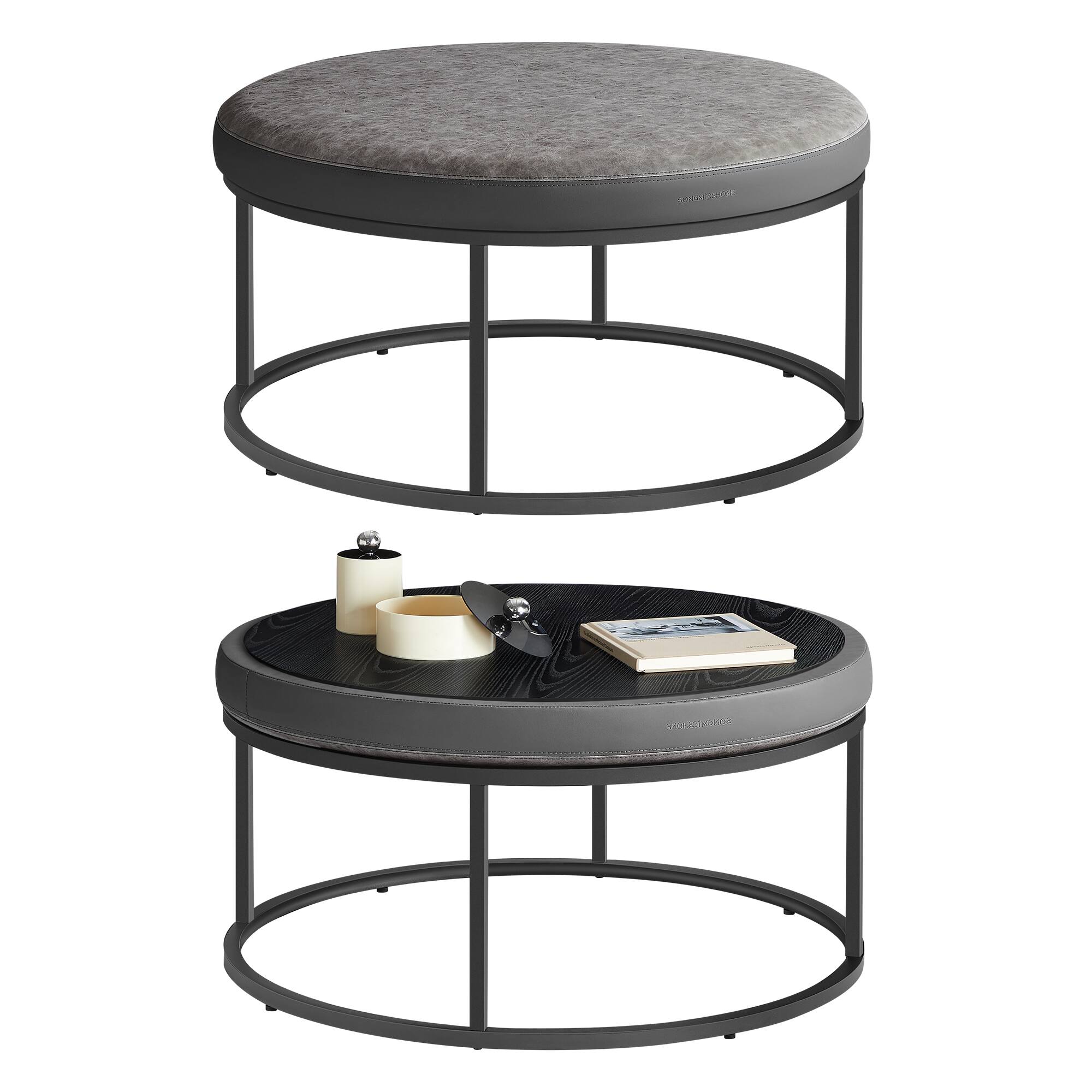 Songmics Home - Ottoman, Round Coffee Table, Footstool, Reversible Top, Padded Seat, Side Table,Steel Frame, Max. Load 660 lb - Dove Gray