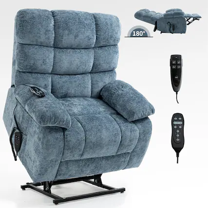 Front. LUCKY ONE - Dual Motor Chenille Lift Recliner Chiar with Massage & Heat - Light Blue.