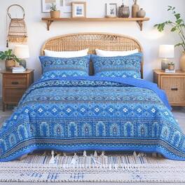 Cedar Assembly - Boho Quilt Set Bohemian Striped Bedspread Coverlet 3 Pieces Lightweight Soft Microfiber Reversible Bedding - Blue-King