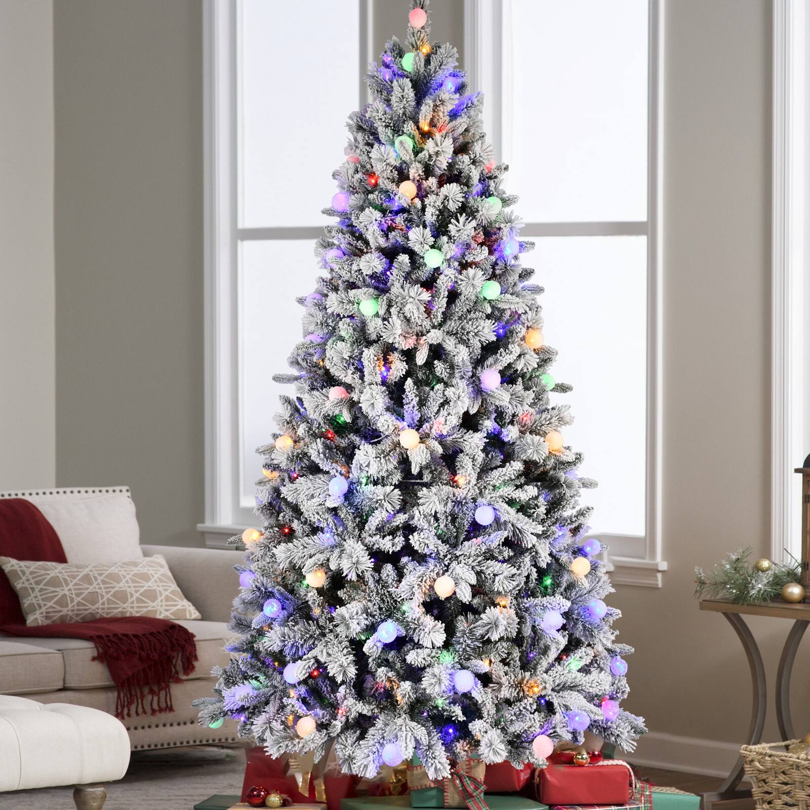 Alt View 7. Ecooso - 8ft Flocked Christmas Tree，470 LED Lights, Hard Needle Hinged, 10 Lighting Modes, Foot Switch & Stable Metal Stand - White.