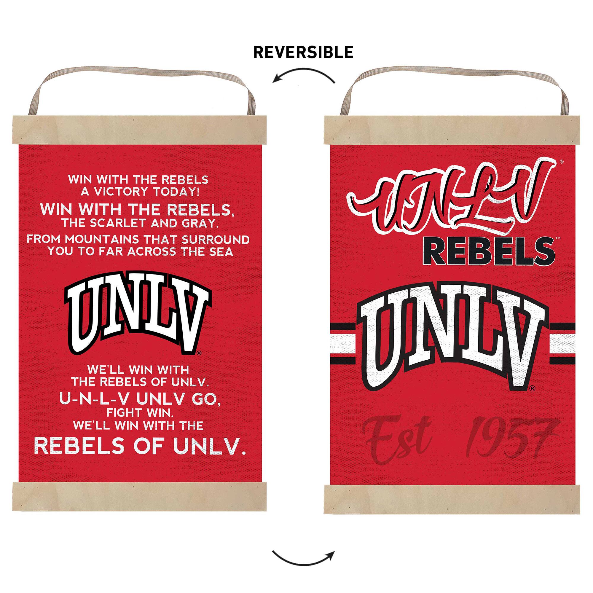 **Front Side:**

- WIN WITH THE REBELS
- A VICTORY TODAY!
- WIN WITH THE REBELS, THE SCARLET AND GRAY.
- FROM MOUNTAINS THAT SURROUND YOU TO FAR ACROSS THE SEA
- UNLV
- WE'LL WIN WITH THE REBELS OF UNLV.
- U-N-L-V UNLV GO, FIGHT WIN.
- WE'LL WIN WITH THE REBELS OF UNLV.

**Back Side:**

- UNLV REBELS
- UNLV
- Est 1957
