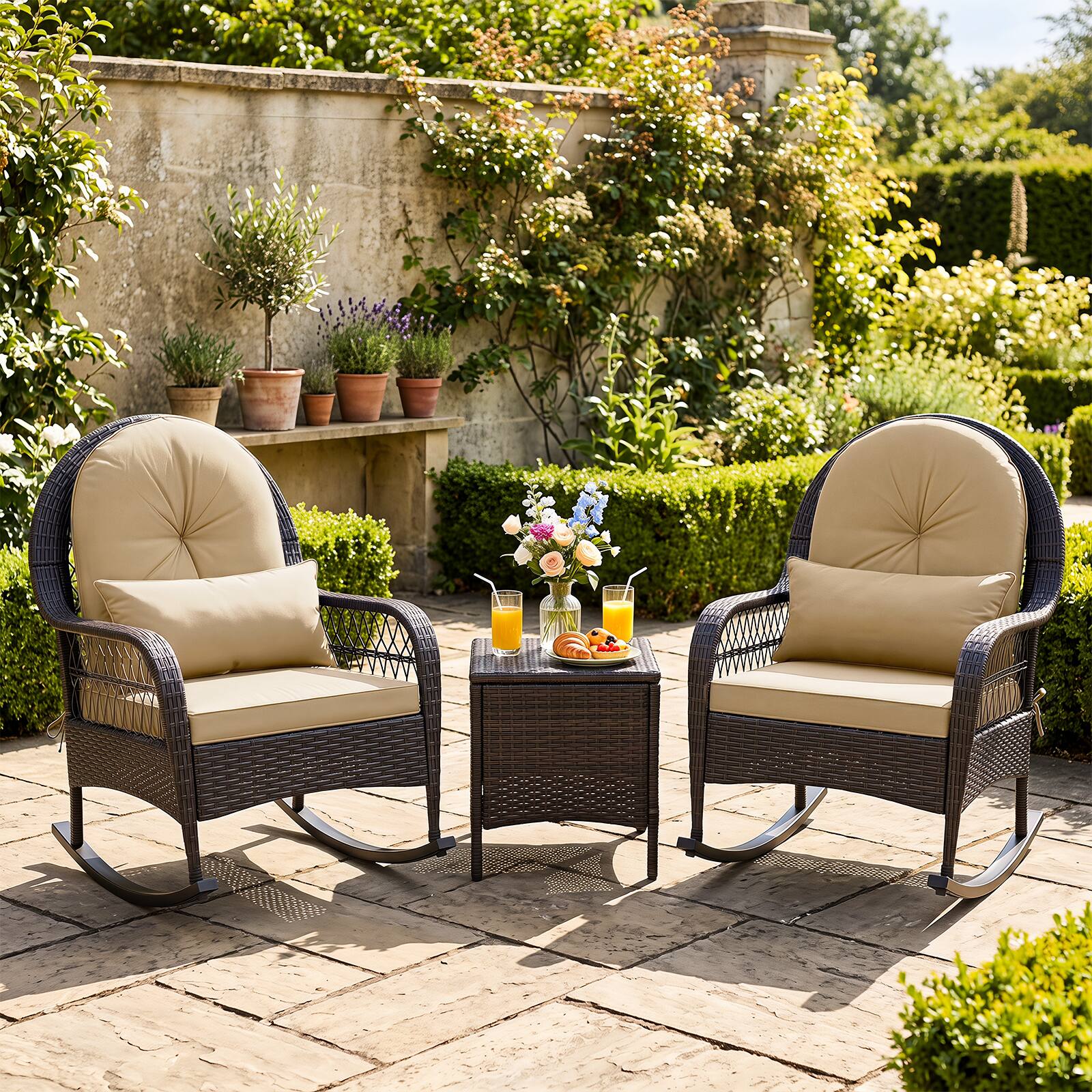 Alt View 3. Costway - Costway Outdoor Wicker Rocking Chair with Waist Pillow & Soft Removable Cushions for Garden - Mix Brown + Beige.