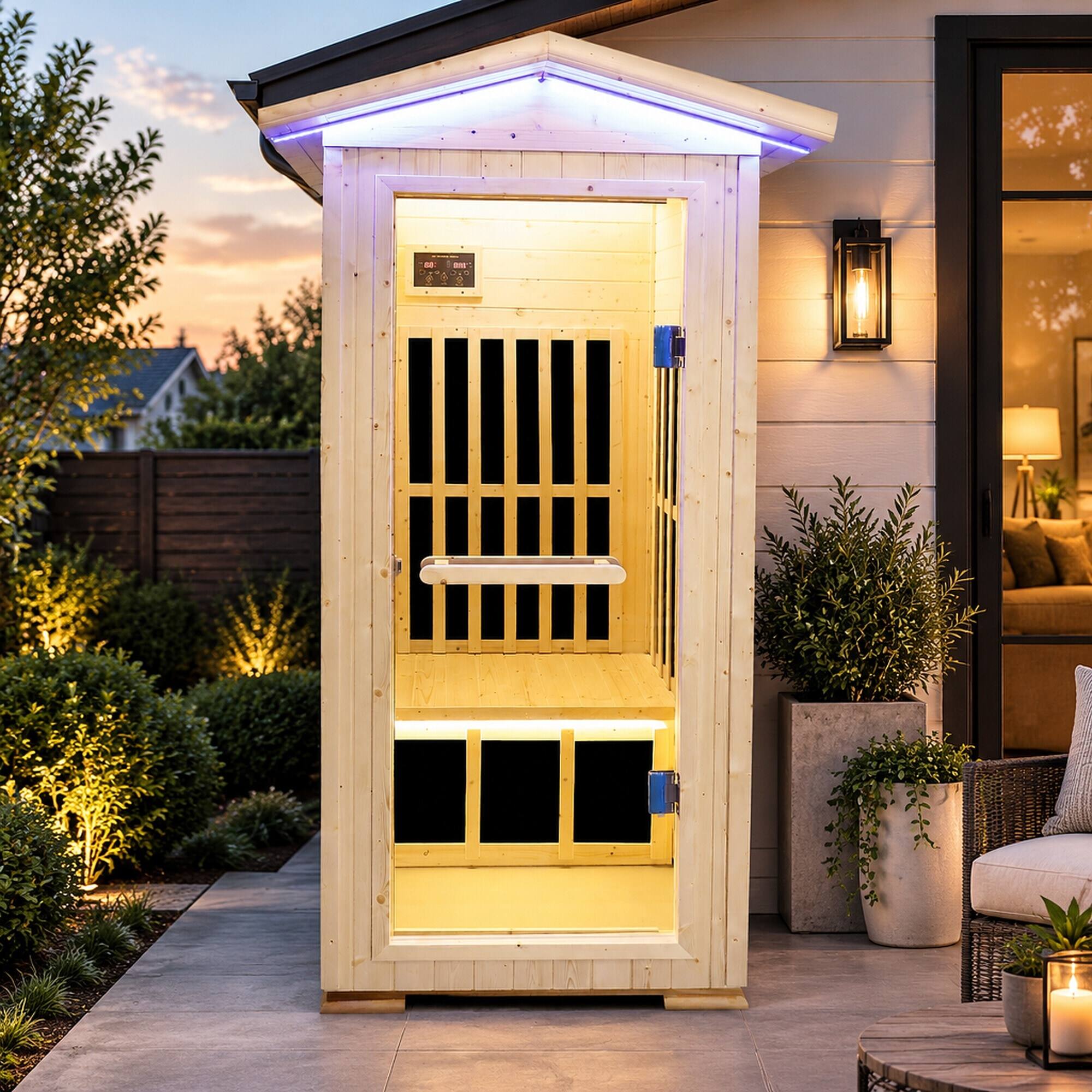 Angle. RYHNUYNE - Single Person Spruce Far Infrared Sauna, 900 x 900 x 2070 mm, 7 Heating Plates, Bluetooth Music Player, 1550W - Natural.