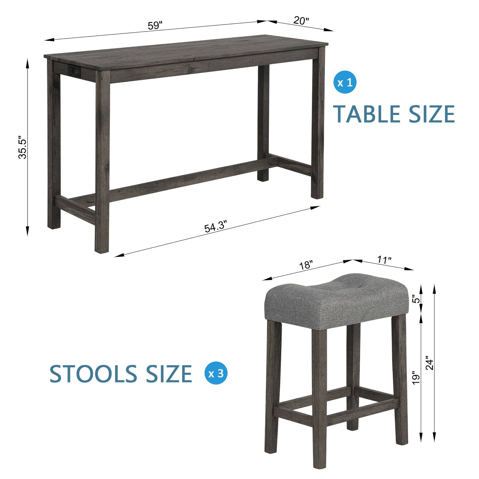 **TABLE SIZE**  
- 59" x 20" x 1"  
- 35.5"  
- 54.3"  

**STOOLS SIZE** (x3)  
- 24" x 19"  
- 18" x 11" x 5"