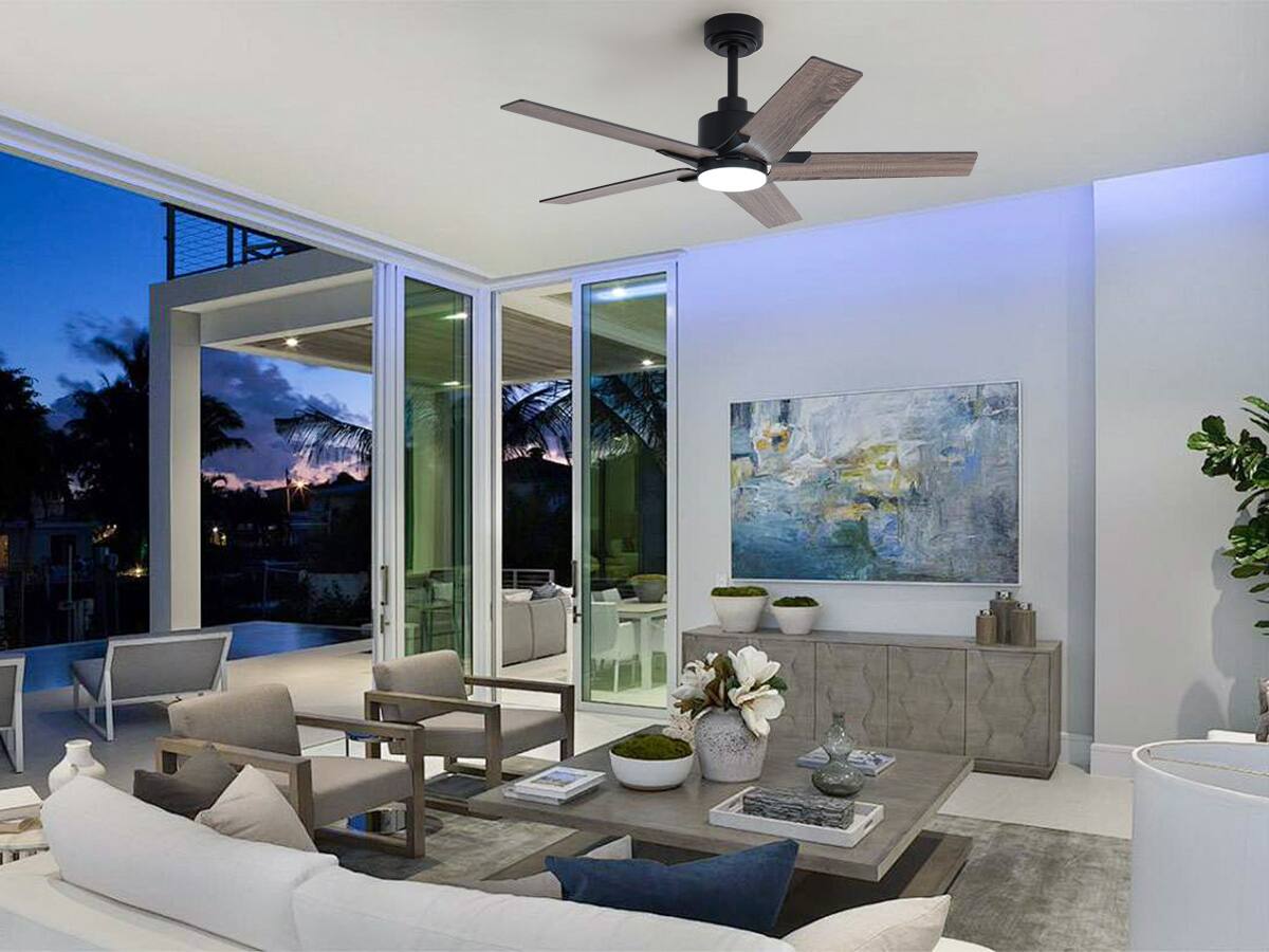 Back. Siljoy - 46 Inch Matte Black Modern Ceiling Fan with LED Light(5 Blades Remote Included) - Black.