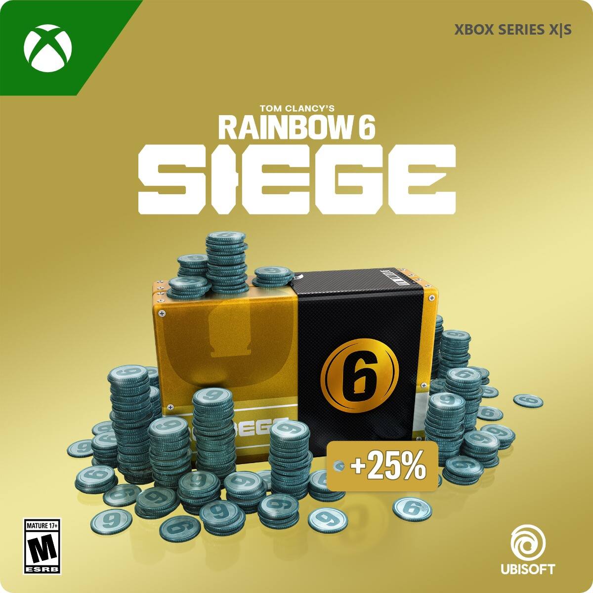 Xbox Series X is Clancy's Rainbow 6 Siege. It is a mature game rated 13+ with MESRD 8.6. The game is available in a box that includes a 25% discount.