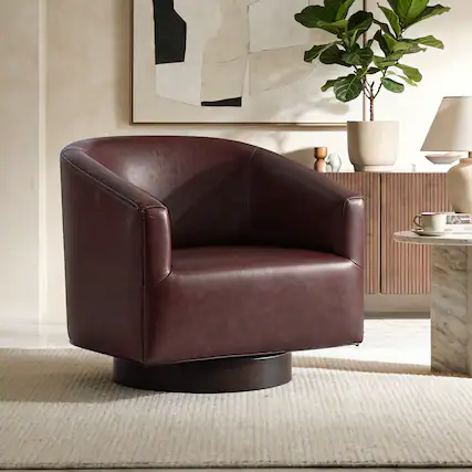 Front. KERDOM - Swivel Single Sofa Side Chair, Living Room Accent Armchair, PU Leather Round Barrel Chair Club Chair, No Assembly Needed - Reddish Brown.