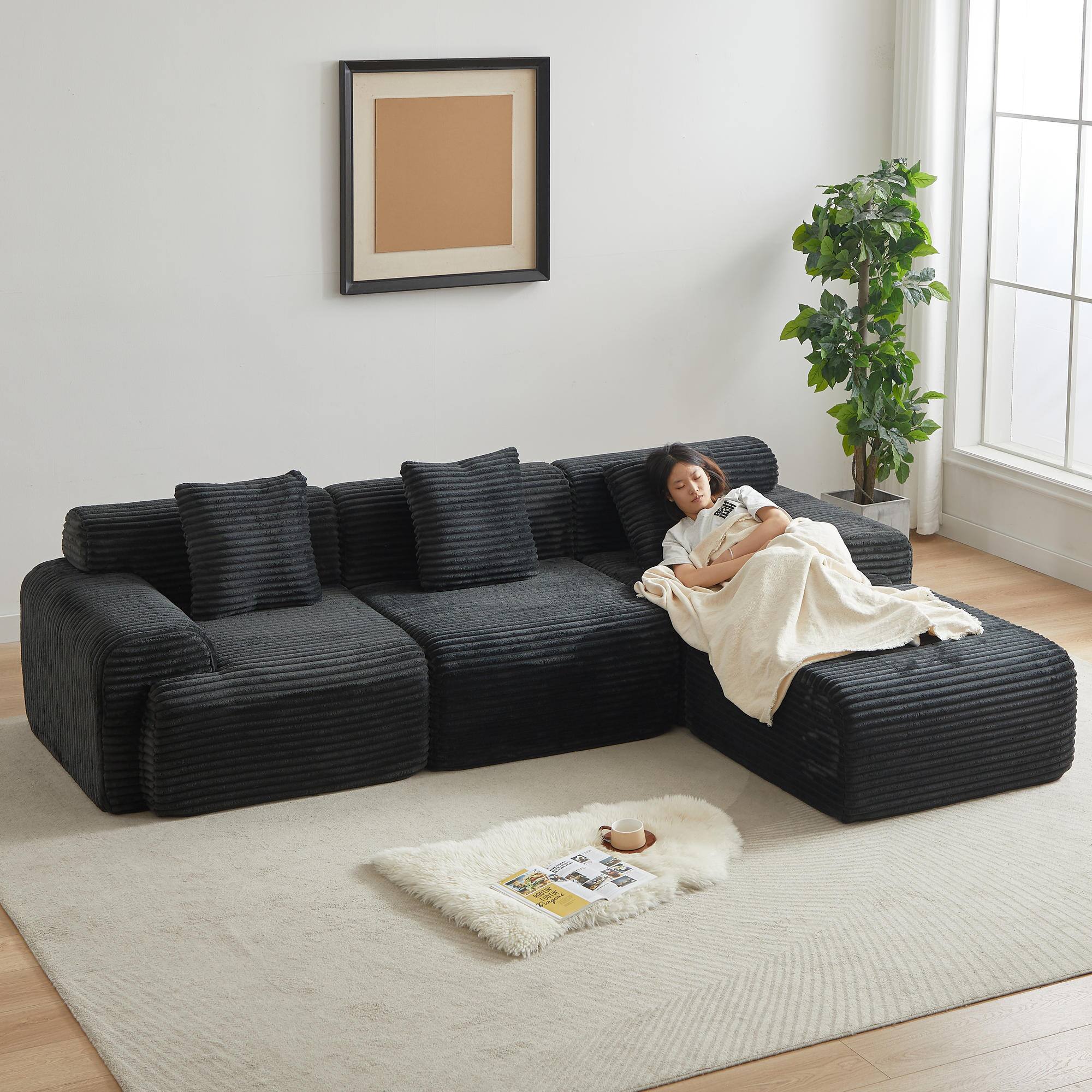 Alt View 4. Meqiodas - Corduroy Modular Sofa Boneless Couch, Featuring an Inlaid Structural Design, Three Throw Pillows, Wider Backrest Design - Black.
