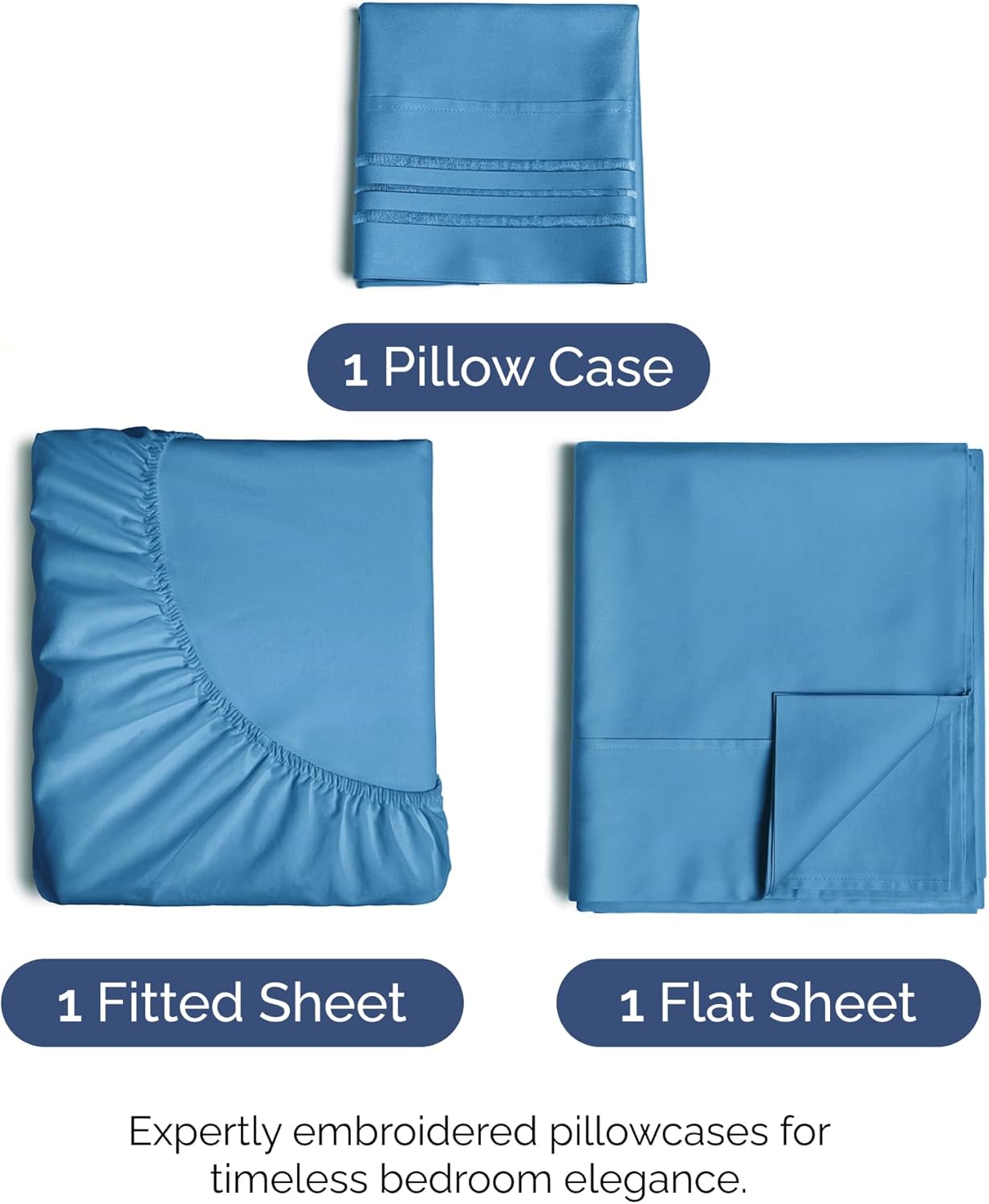1 Pillow Case  
1 Fitted Sheet  
1 Flat Sheet  

Expertly embroidered pillowcases for timeless bedroom elegance.