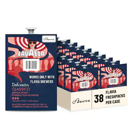 Flavia LAVAZZA WORKS ONLY WITH FLAVIA BREWERS
Dolcevita CLASSICO
MEDIUM ROAST / TORRFACTION MOYENNE
GROUND COFFEE / CAFÉ MOULU
ROASTED AND PACKAGED IN THE U.S / TORRFI ET IMBALLÉ AUX ÉTATS-UNIS
LAVAZZA
FLAVIA 38 FRESHPACKS PER CASE