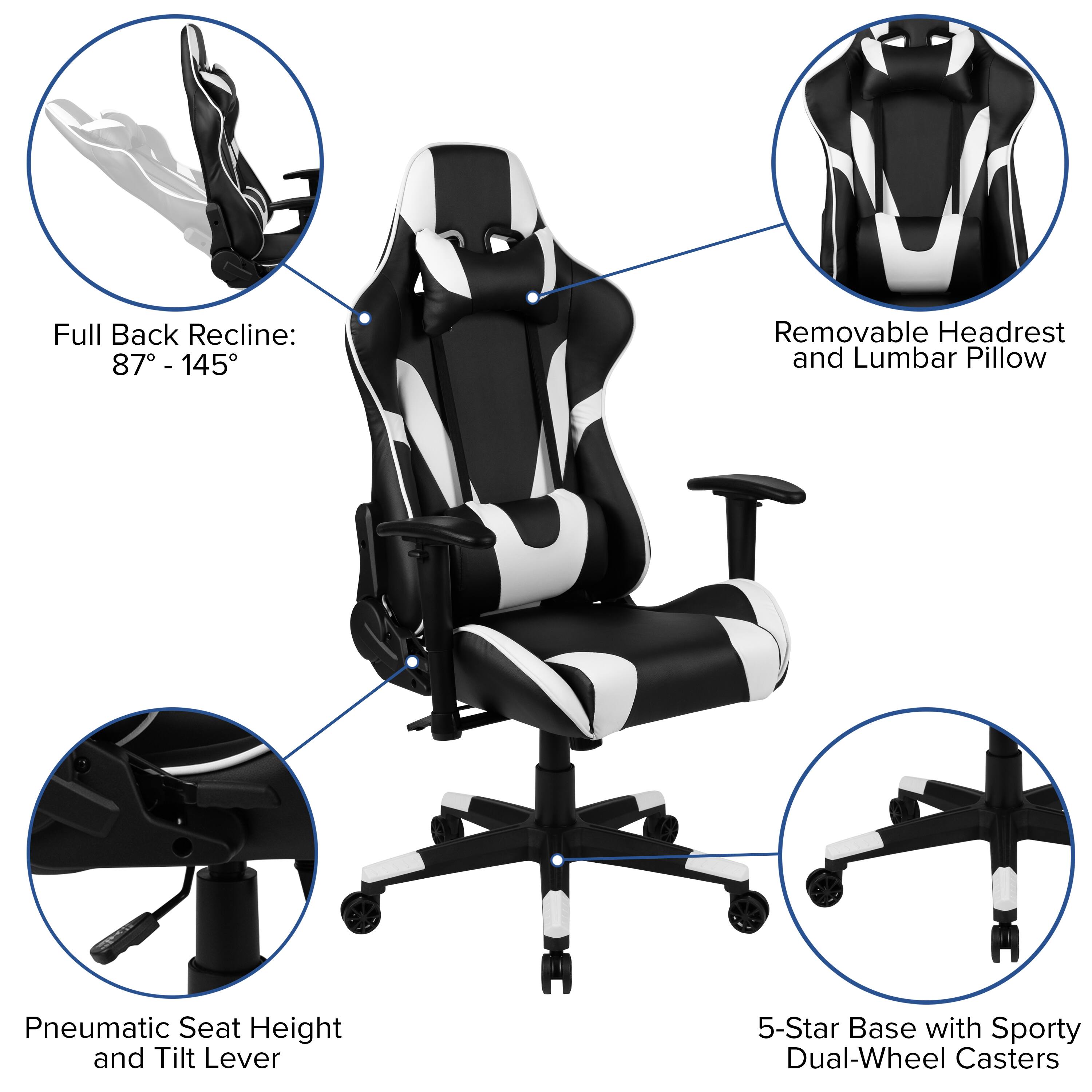 Full Back Recline: 87° - 145°  
Removable Headrest and Lumbar Pillow  
Pneumatic Seat Height and Tilt Lever  
5-Star Base with Sporty Dual-Wheel Casters