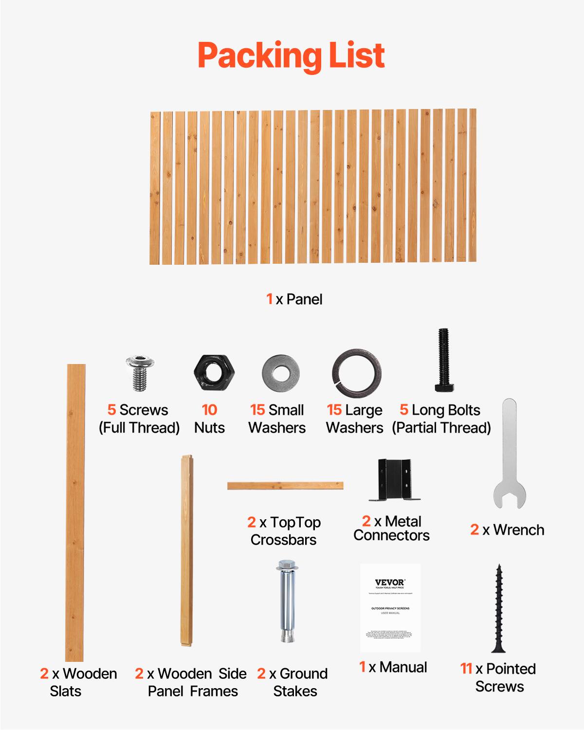 Packing List

1 x Panel

5 Screws (Full Thread)

10 Nuts

15 Small Washers

15 Large Washers

5 Long Bolts (Partial Thread)

2 x Top Crossbars

2 x Metal Connectors

2 x Wrench

2 x Wooden Slats

2 x Wooden Side Panel Frames

2 x Ground Stakes

1 x Manual

11 x Pointed Screws