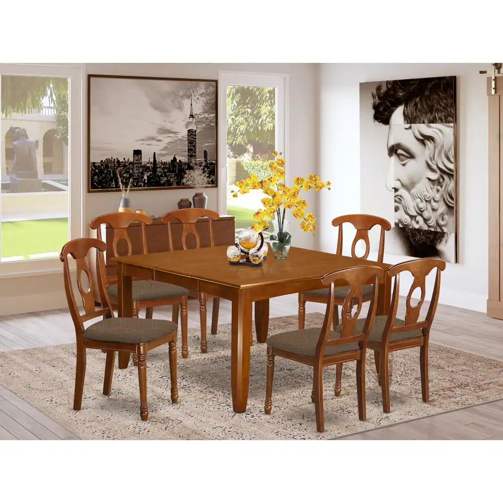 Left. East West Furniture - PFNA7-SBR-C 7 Pc Formal Dining room set for 6-Dining Table and 6 Dinette Chairs. - Saddle Brown.