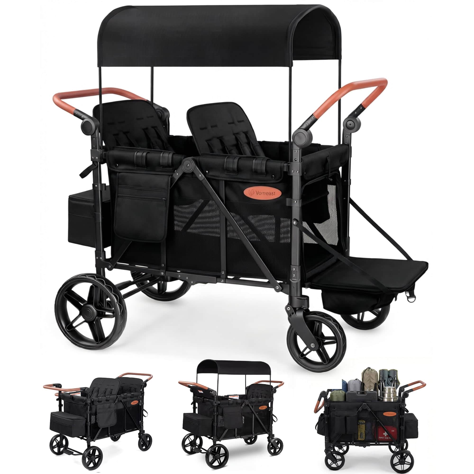 Wisairt - 4-Seater Wagon Stroller for Kids, 5-Mode Stroller Wagon with Canopy, 5-Point Harness, Push & Pull Handles - Black