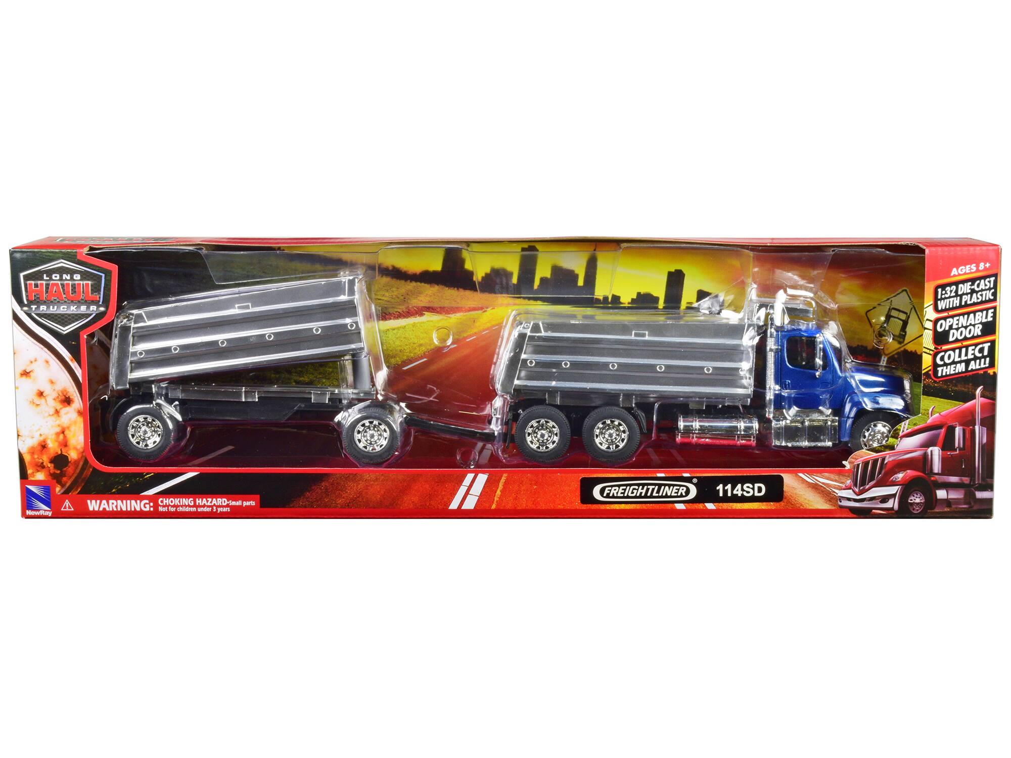 LONG HAUL TRUCKER  
AGES 8+  
1:32 DIE-CAST WITH PLASTIC OPENABLE DOOR  
COLLECT THEM ALL!  

FREIGHTLINER 114SD  

WARNING: CHOKING HAZARD - small parts  
Not for children under 3 years