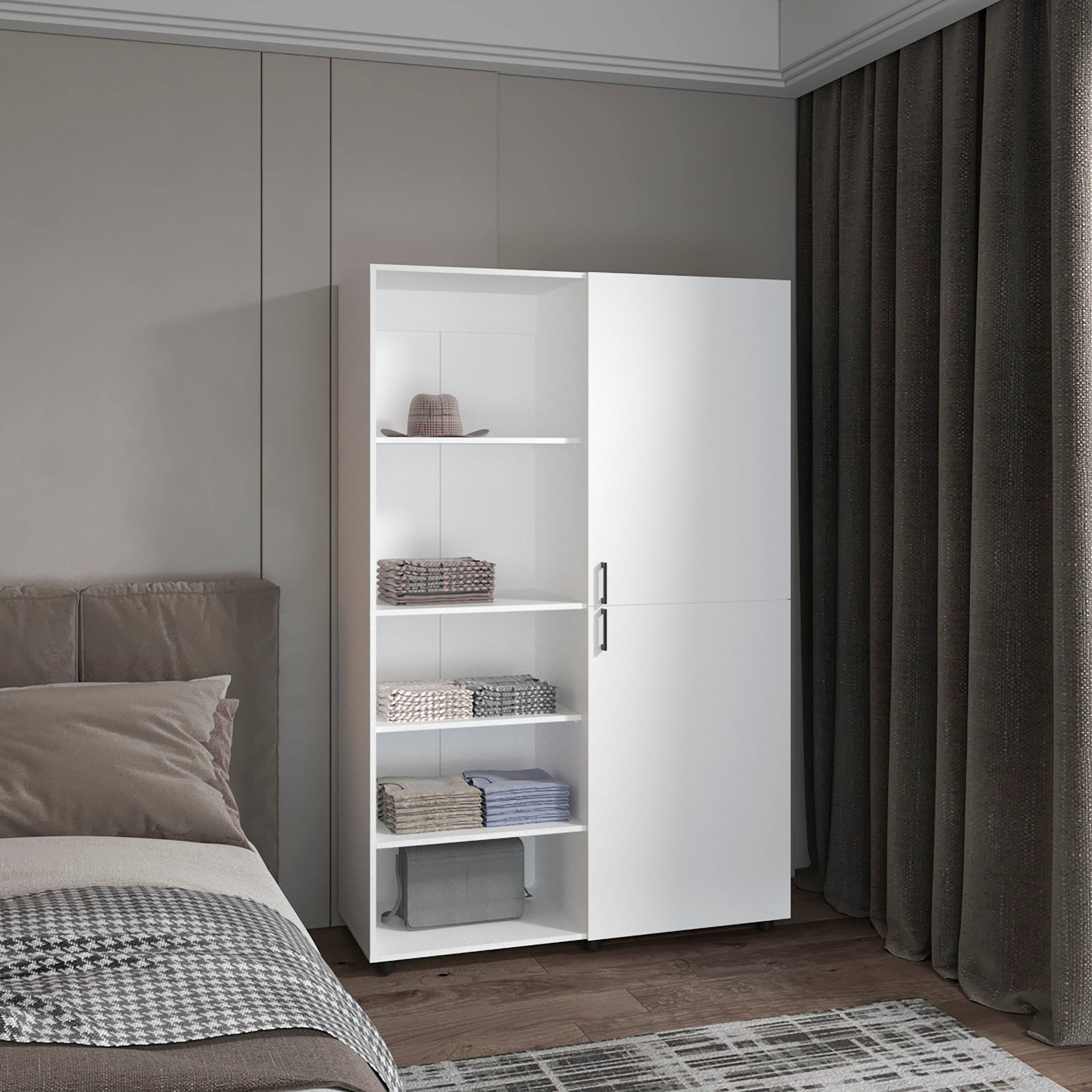 Left. TuHome - Eco High One Door Freestanding Armoire With Hanging Rod And Interior Shelves, Compact Bedroom Wardrobe - White.