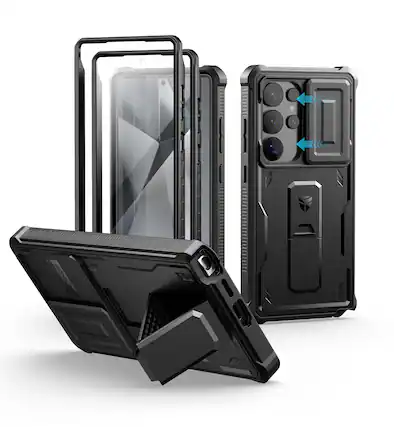 Front. dexnor - Dexnor for Samsung Galaxy S25 Ultra Case with Built-in Slide Camera Cover & Screen Protector & Kickstand,Black - Black.