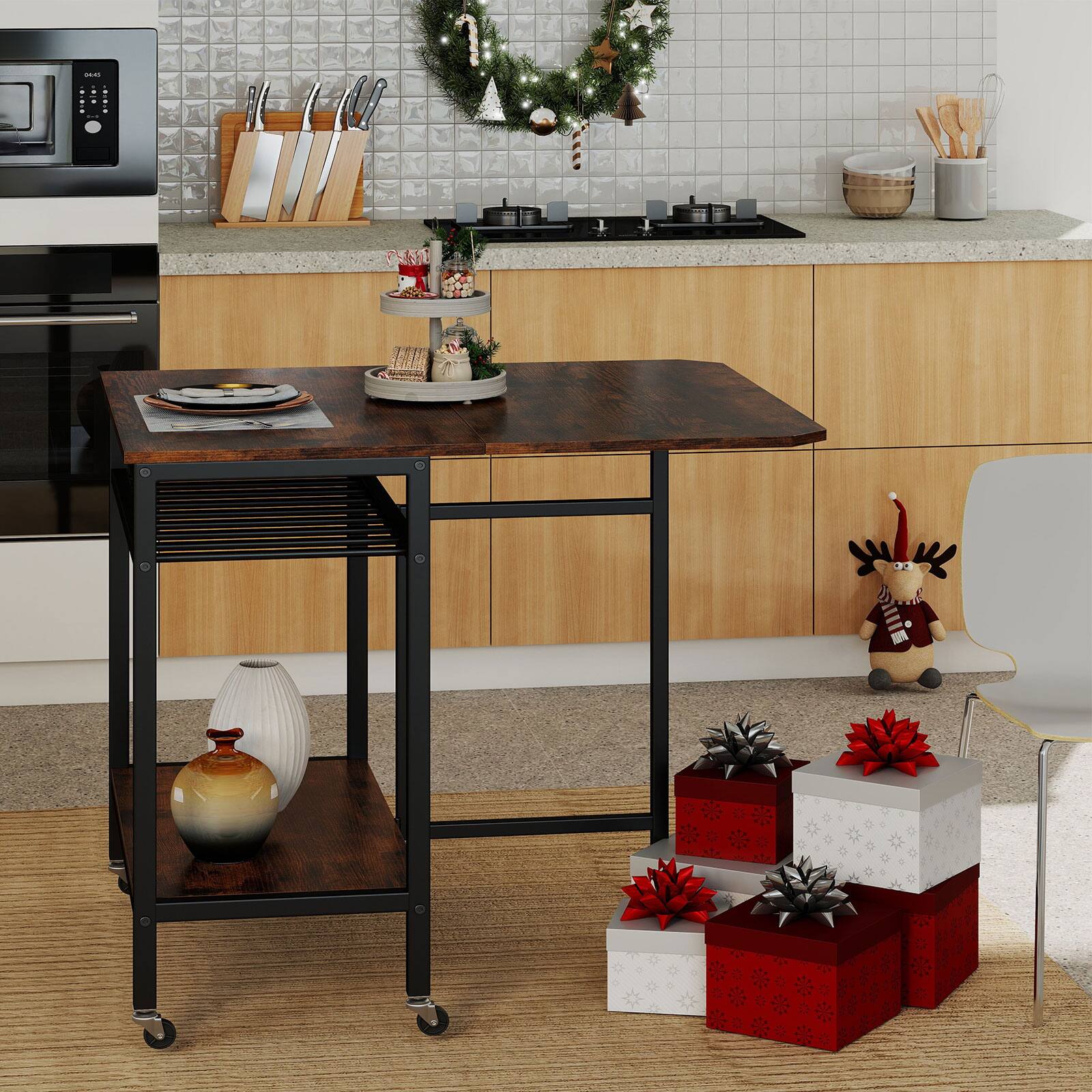 Alt View 1. Gymax - Gymax Folding Dining Table Movable Kitchen Table w/ Wine Rack Storage Shelf & Wheels - Brown.