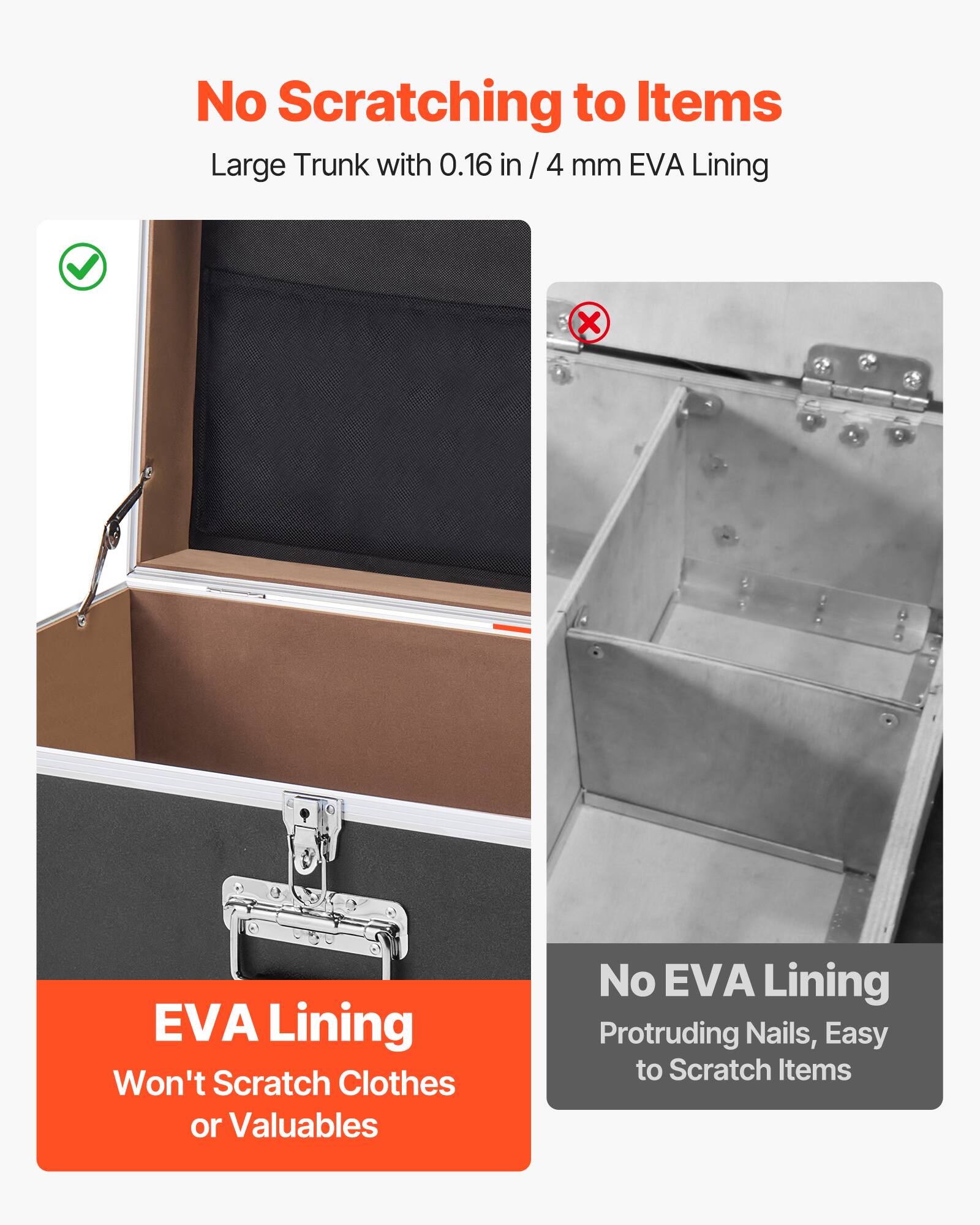 No Scratching to Items  
Large Trunk with 0.16 in / 4 mm EVA Lining  

EVA Lining  
Won't Scratch Clothes or Valuables  

No EVA Lining  
Protruding Nails, Easy to Scratch Items