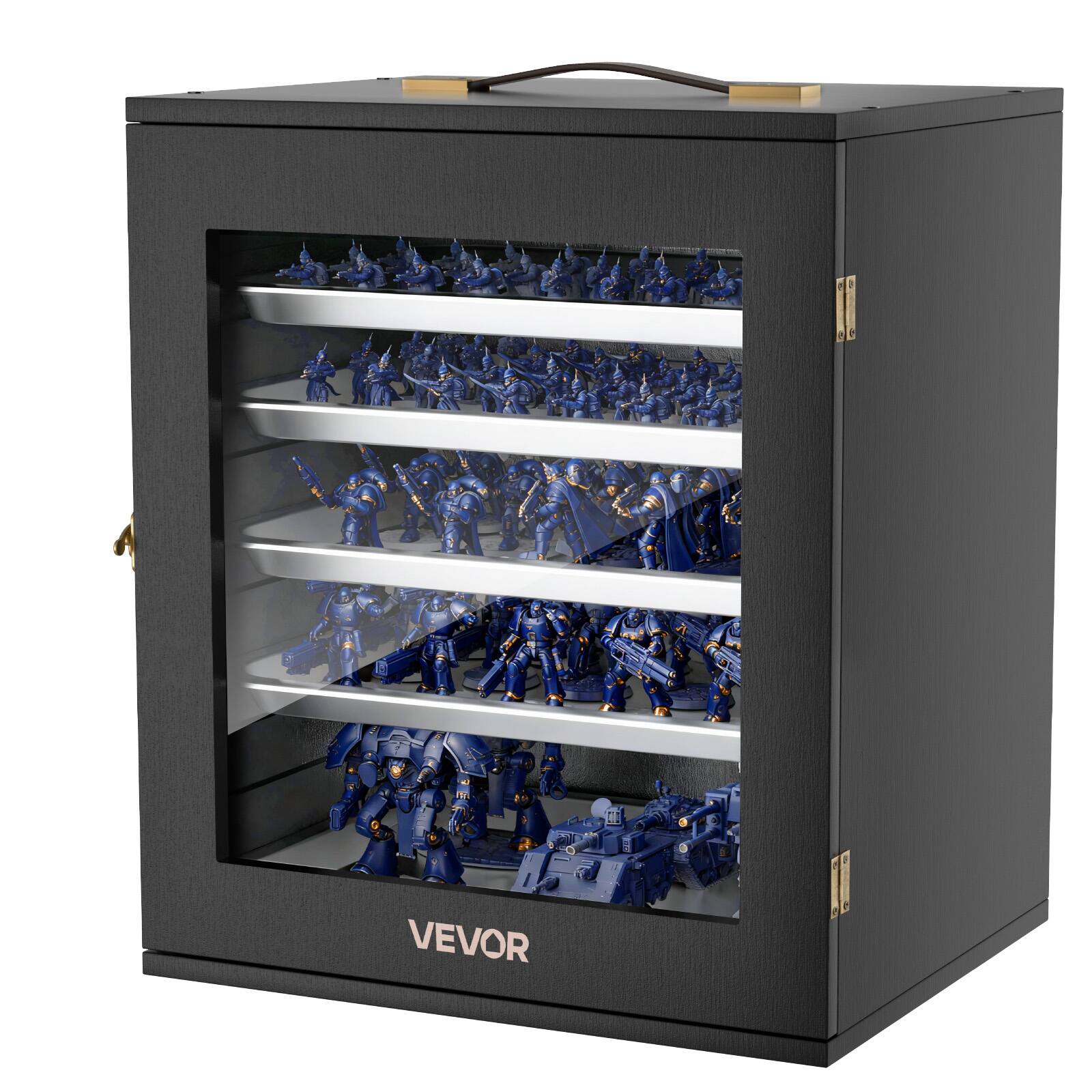 Alt View 5. VEVOR - Miniatures Storage Case, Fits for 1:1000-1:1500 Scale Models, Wooden Miniatures Display Holder with 5 Tray & 11 Slots - Black.