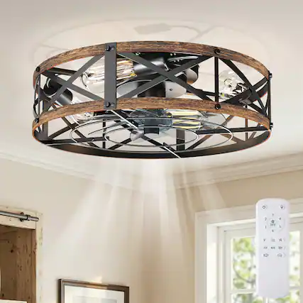 Front. Sweet - 22" Industrial Caged Ceiling Fan with Light and Remote, 6-Speed Reversible DC Motor, Flush Mount Ceiling Fan, Gold - Gold.