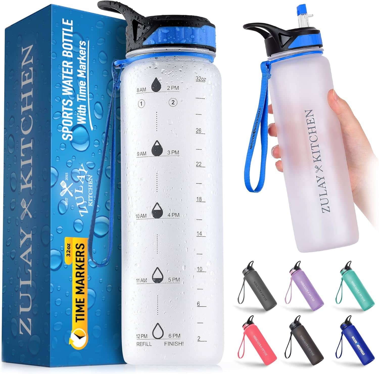 Zulay Kitchen - 32oz Water Bottle With Time Marker - Leak Proof Water Bottles With Times To Drink By Hydration Nation - White