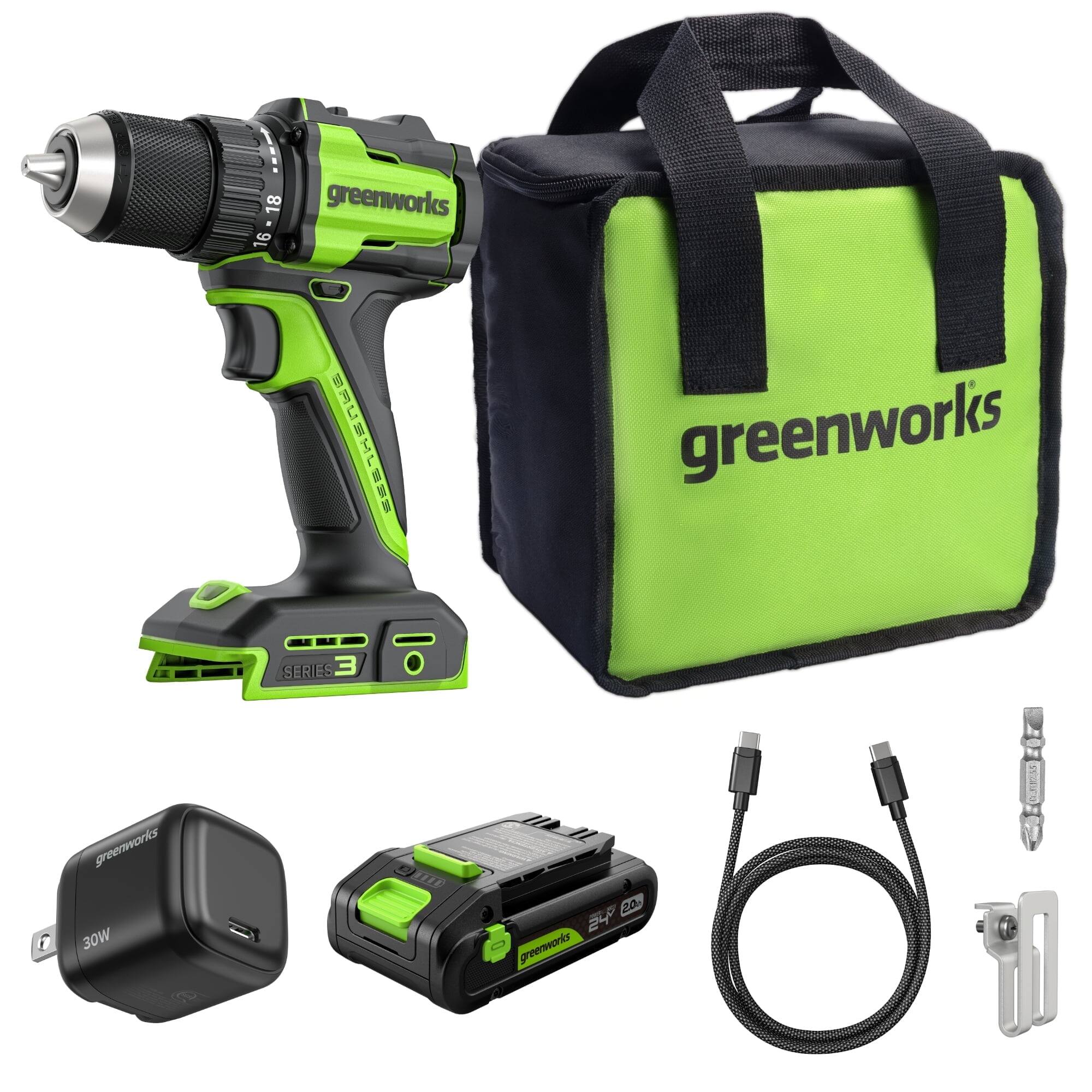 Greenworks - 24V Cordless Brushless 400 in-lbs Drill/Driver with 2.0Ah Battery and Charger - Green