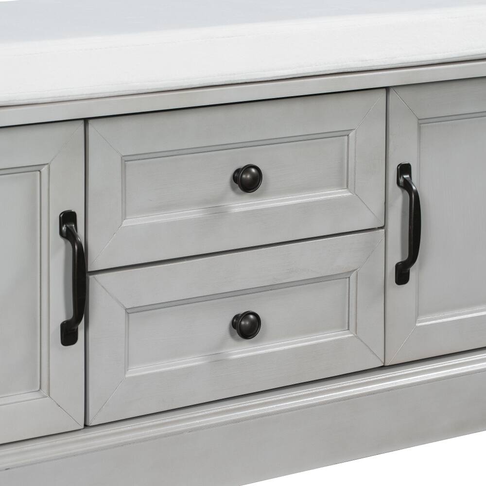 Alt View 3. Ropilly - Ropilly Gray Wash Storage Bench with Cushion, Entryway Shoe Bench with Drawers and Cabinets, Wooden Mudroom Seating - Gray Wash.