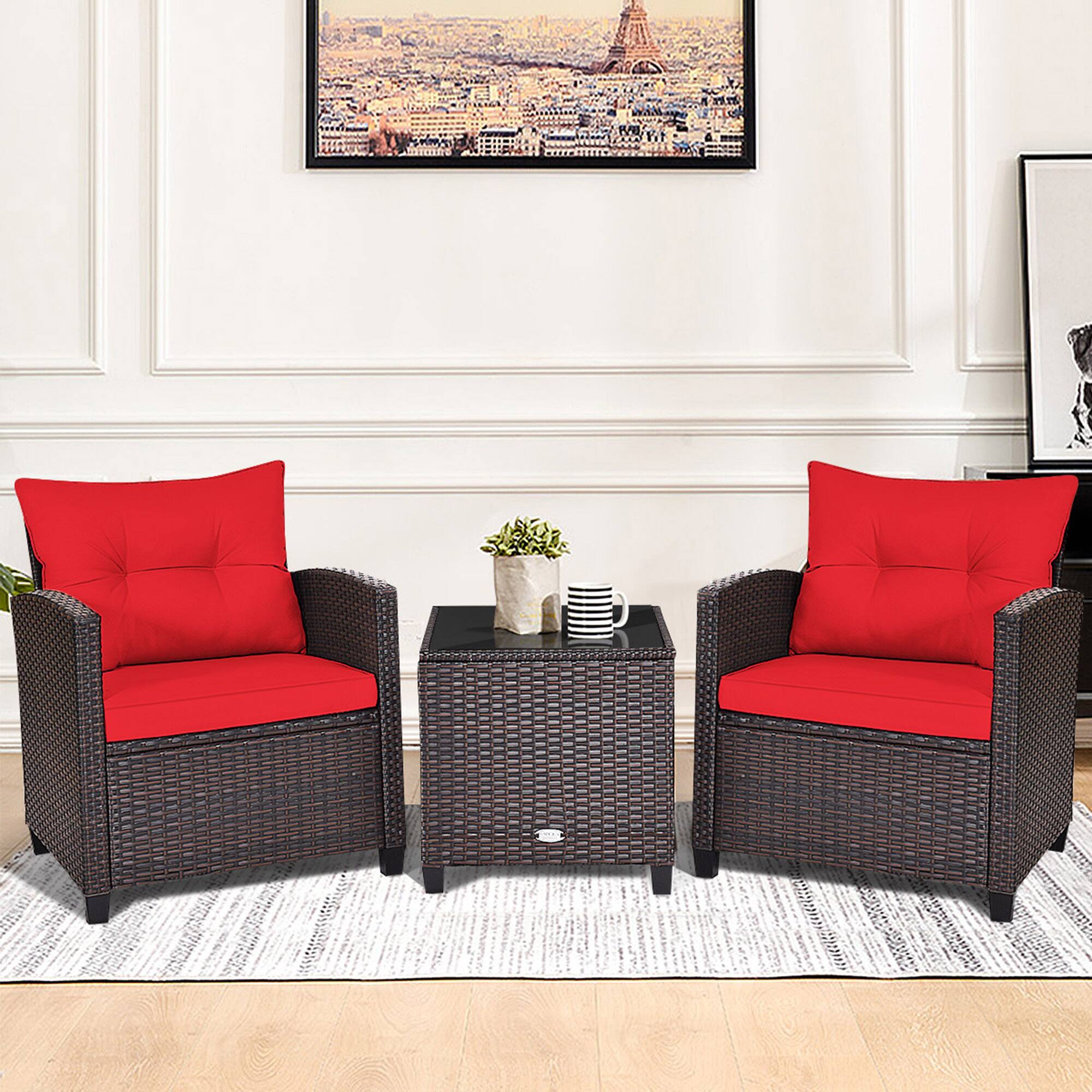 Alt View 2. Gymax - Gymax 3PCS Outdoor Patio Rattan Conversation Set w/ Coffee Table Red Cushion - Mix Brown.