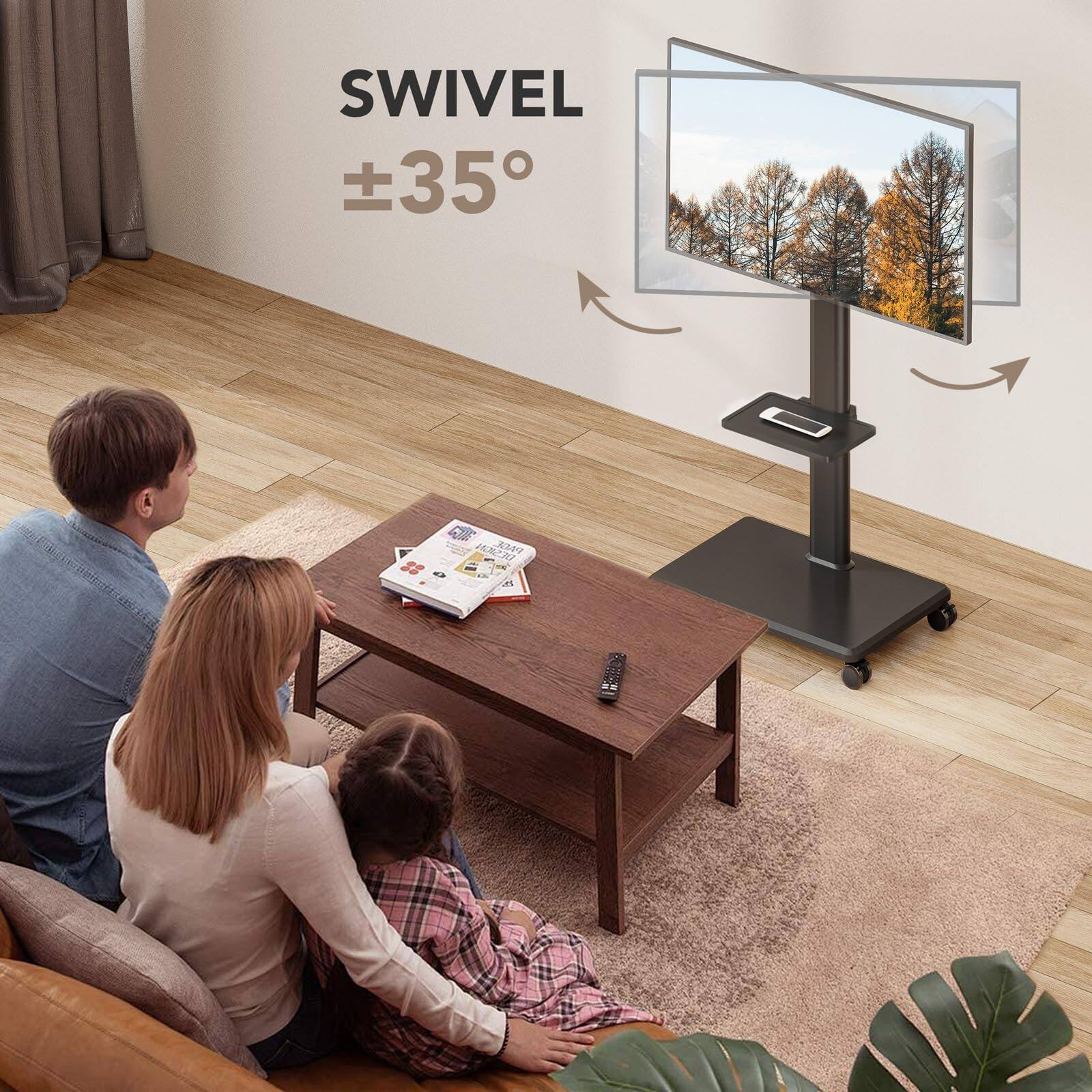 Alt View 1. Refined Abode Design - Universal Floor Tv Stand Portable Rolling Mount With Wheels 80 Degree Swivel Height Adjustable For 27 To Lc - Black Mobile TV Stand with Power Outlet.