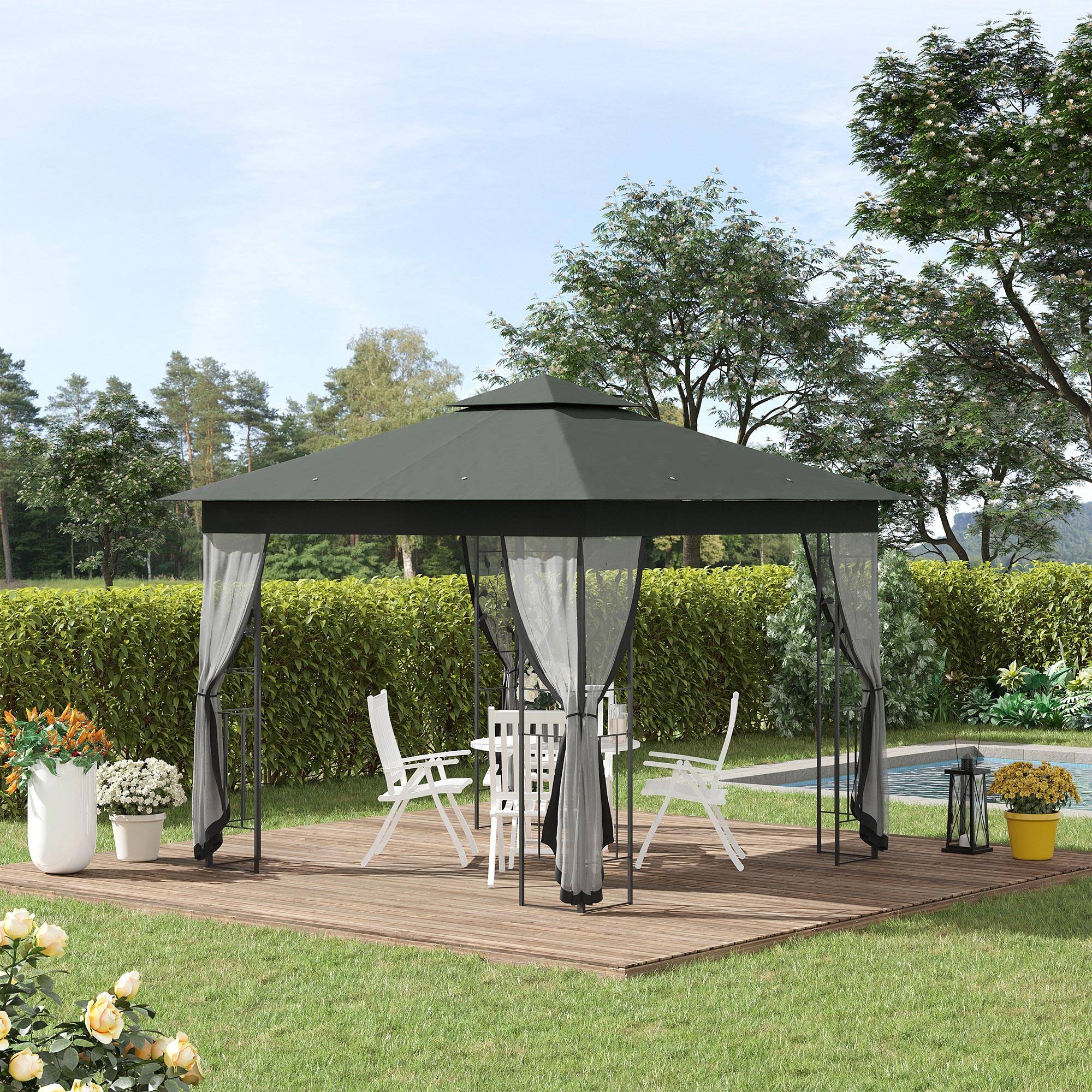 Angle. Outsunny -  10' x 10' Metal Patio Gazebo, Double Roof Outdoor Gazebo Canopy Shelter with Tree Motifs Corner Frame - Grey.