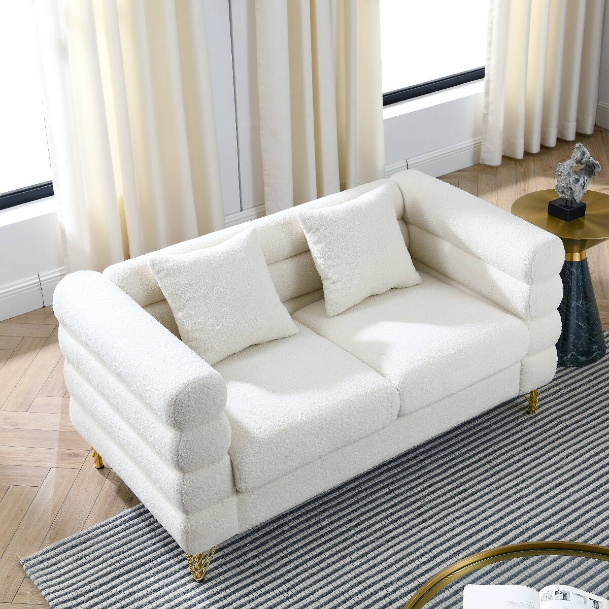 Left. Ropilly - Ropilly 60 Inch 2 Seater Sofa Ivory Teddy Upholstery Deep Seating for Living Room Bedroom - Ivory.