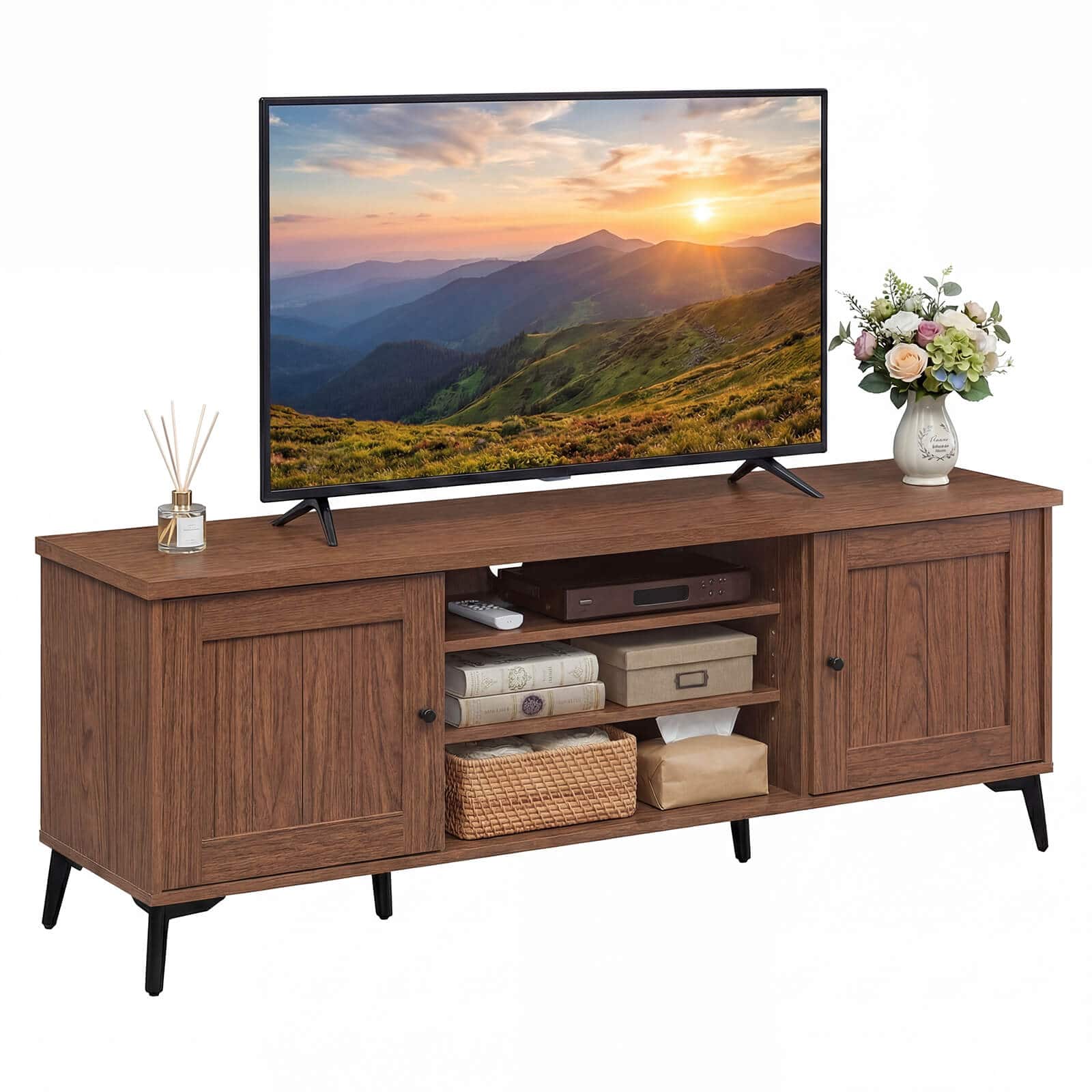 Costway - 2-Door TV Stand for TVs up to 65" with 2 Storage Cabinets & 4 Adjustable Shelves - Brown