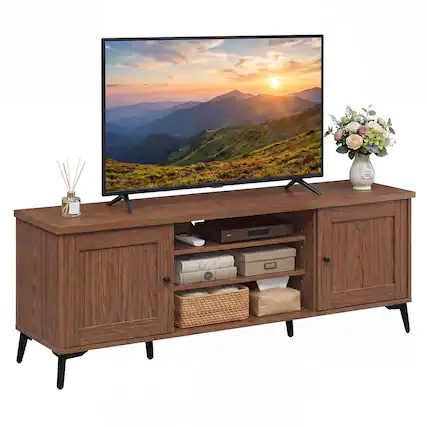 Front. Costway - Costway 2-Door TV Stand for TVs up to 65" with 2 Storage Cabinets & 4 Adjustable Shelves - Brown.