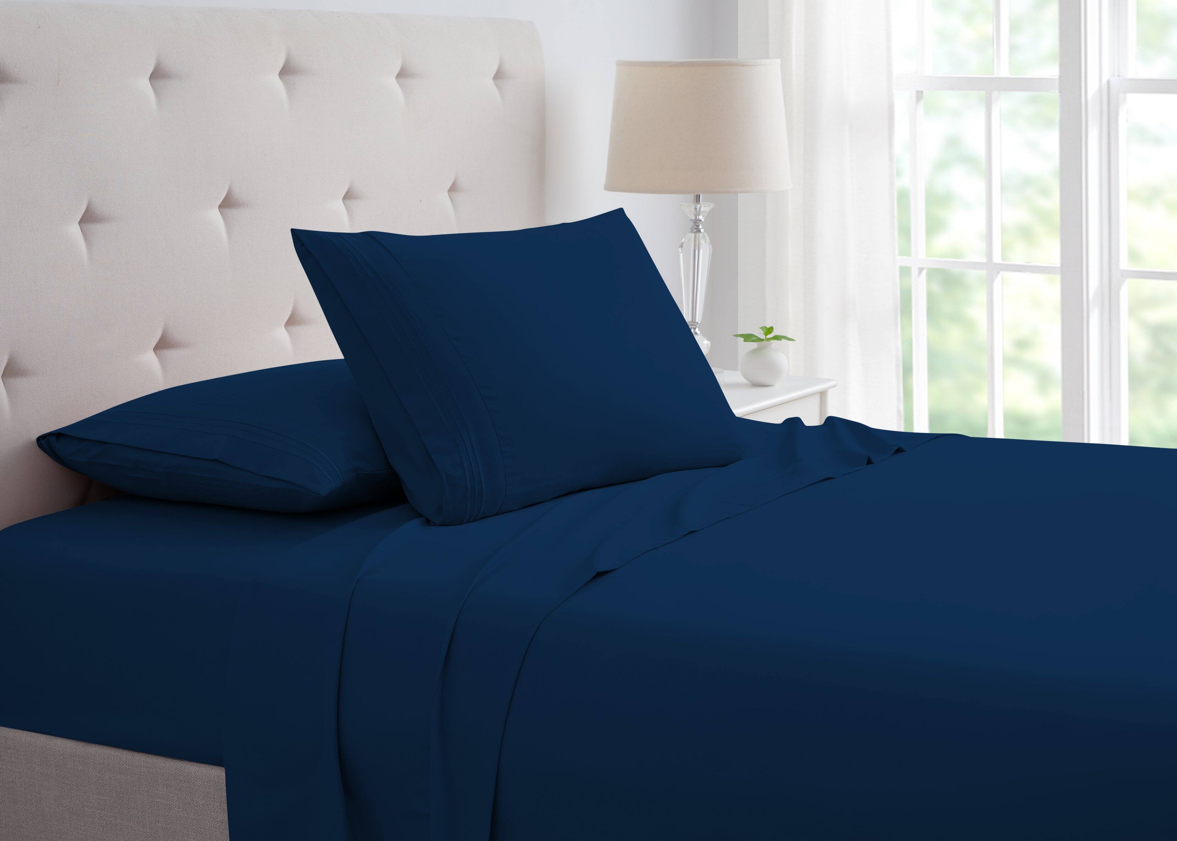 Front. Bamboo Comfort - Bamboo 4 Piece Luxury 3 Line Embroidered Sheet Set - 3 Line - Navy.