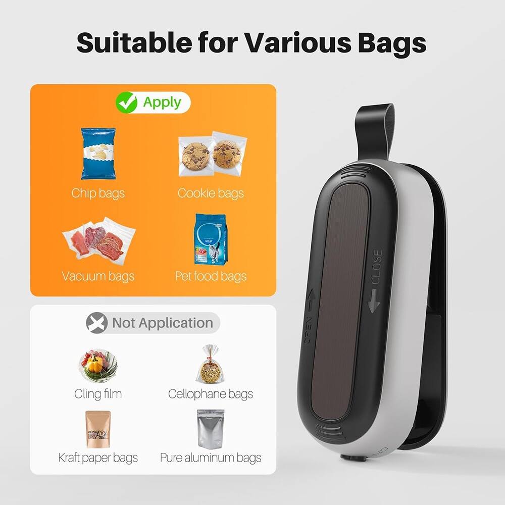 Suitable for Various Bags

Apply
- Chip bags
- Cookie bags
- Vacuum bags
- Pet food bags

Not Application
- Cling film
- Cellophane bags
- Kraft paper bags
- Pure aluminum bags