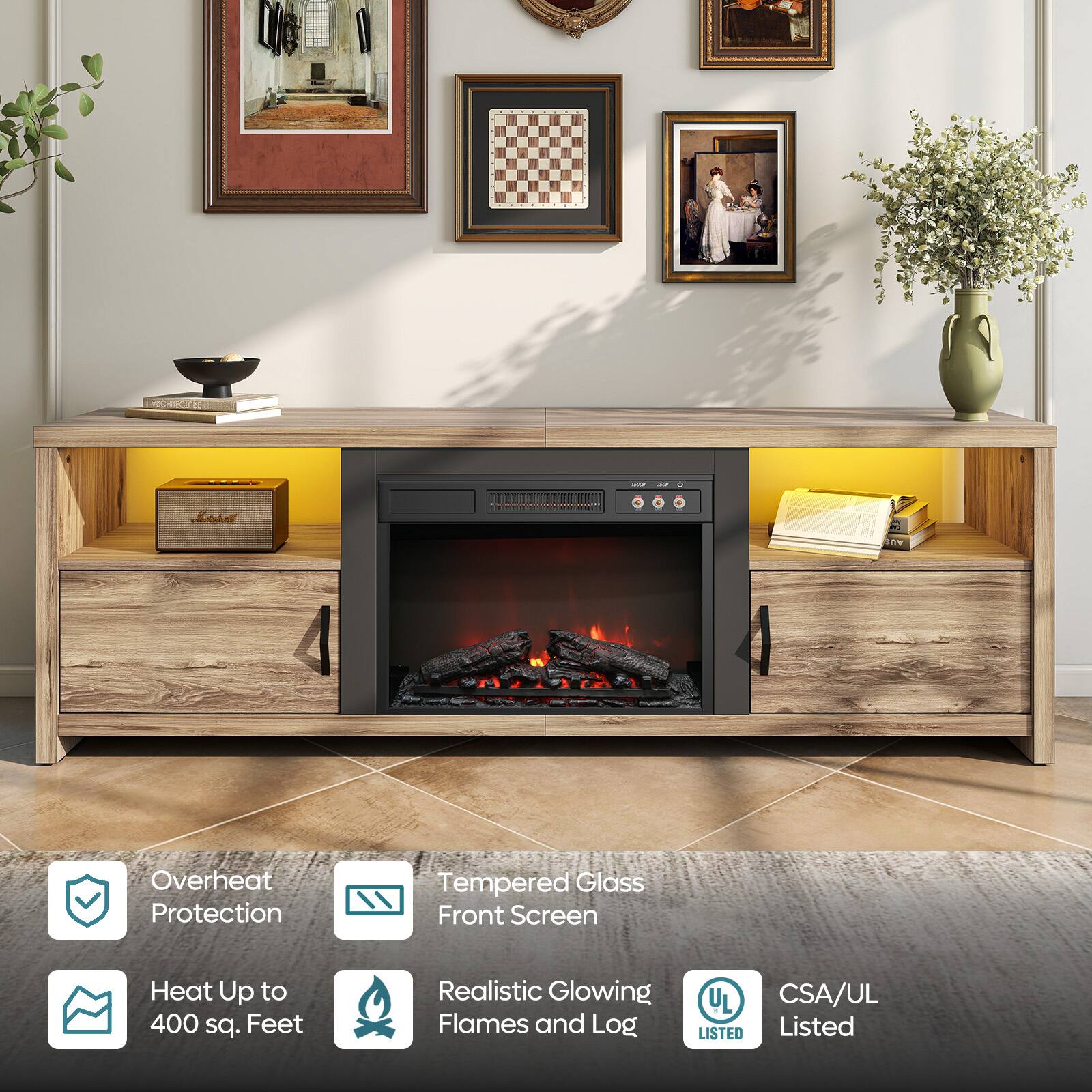 - Overheat Protection
- Tempered Glass Front Screen
- Heat Up to 400 sq. Feet
- Realistic Glowing Flames and Log
- UL Listed
- CSA/UL Listed