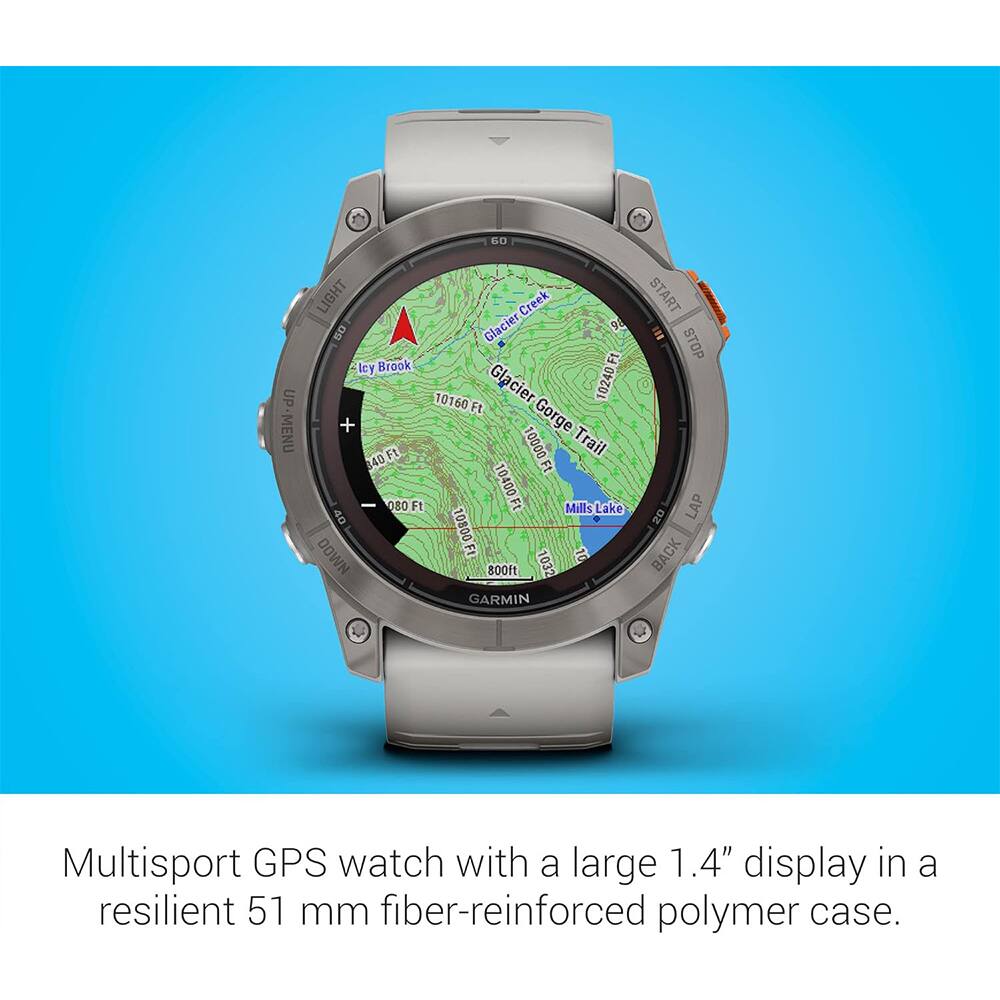 UP MENU LIGHT  
Creek Glacier 9 50  
Brook Ft Icy Glacier 10240 10160 Ft  
Gorge Ft 10000  
Trail 840Ft Ft 080 Ft 10400Ft  
Mills Lake 40  
DOWN 10800F 10 800ft 1032  
GARMIN START E STOP  
20 LAP BACK  

Multisport GPS watch with a large 1.4" display in a resilient 51 mm fiber-reinforced polymer case.