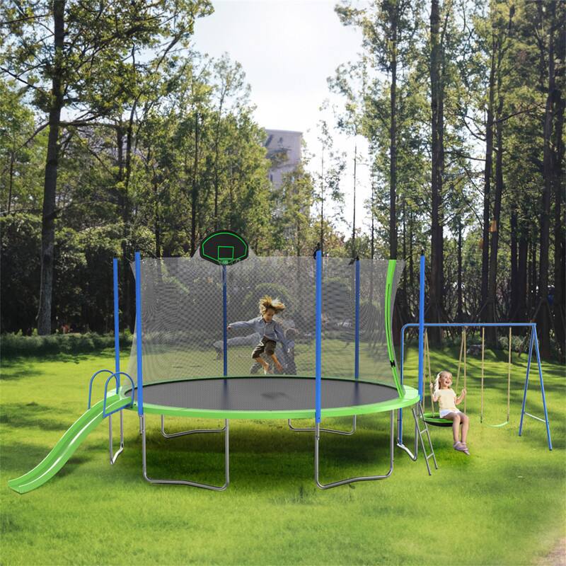Alt View 2. HTUTWOO - Trampoline 14FT with Slide and Swings -Trampoline w/Basketball Hoop, Ladder,Net,Mat,Spring Cover Padding for Adults Kids - Green.