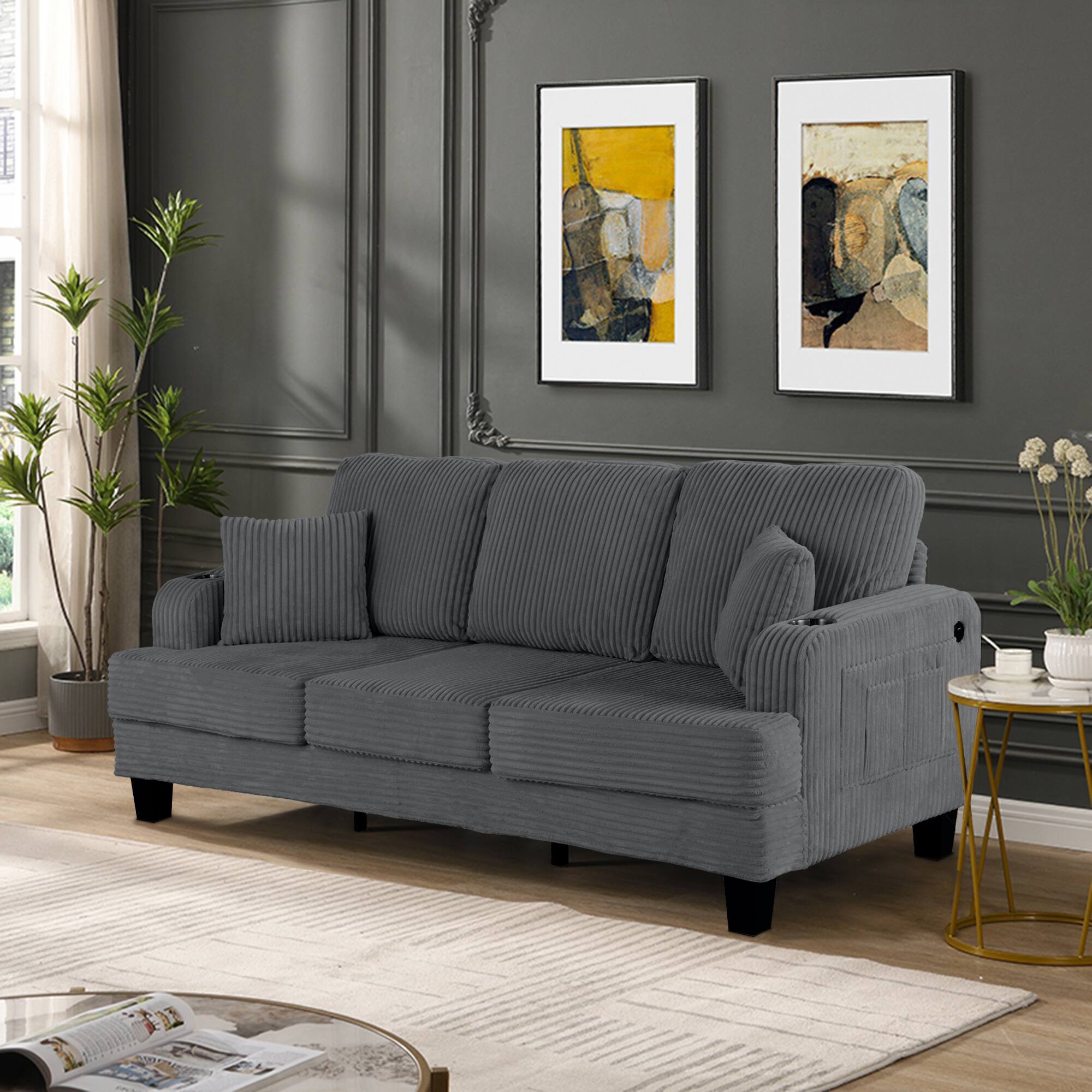 Back. Vaczon - Sofa Couch with USB Charging Ports and Cup Holders, 3-Seater Upholstered Living Room Sofa with 2 Throw Pillows - Gray.