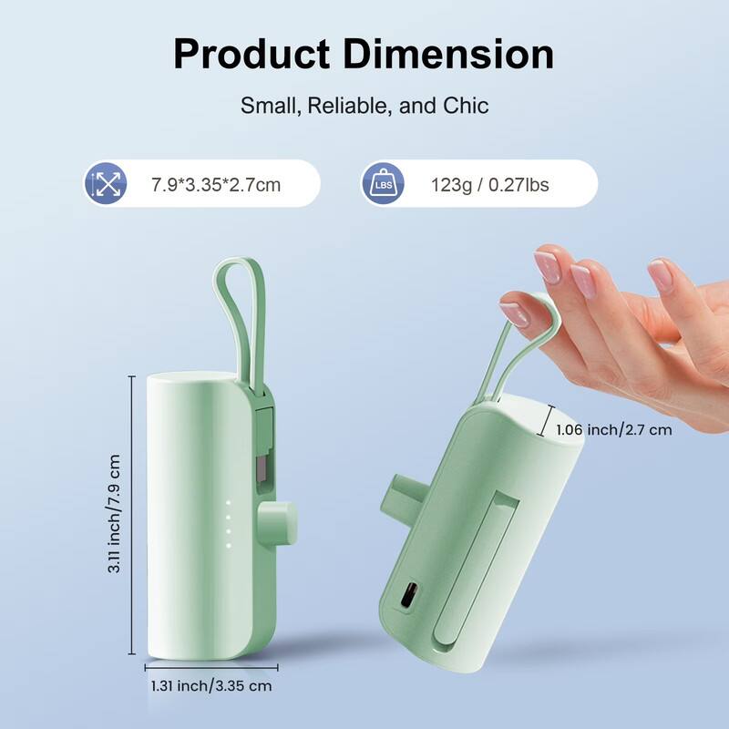 Product Dimension  
Small, Reliable, and Chic  

7.9*3.35*2.7cm  
123g / 0.27lbs  

3.11 inch/7.9 cm  
1.31 inch/3.35 cm  
1.06 inch/2.7 cm