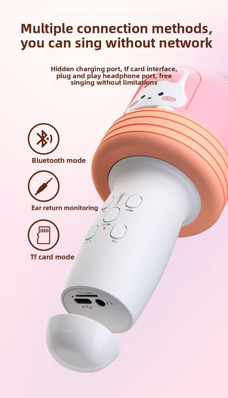 Multiple connection methods, you can sing without network

Hidden charging port, tf card interface, plug and play headphone port, free singing without limitations

- Bluetooth mode
- Ear return monitoring
- Tf card mode