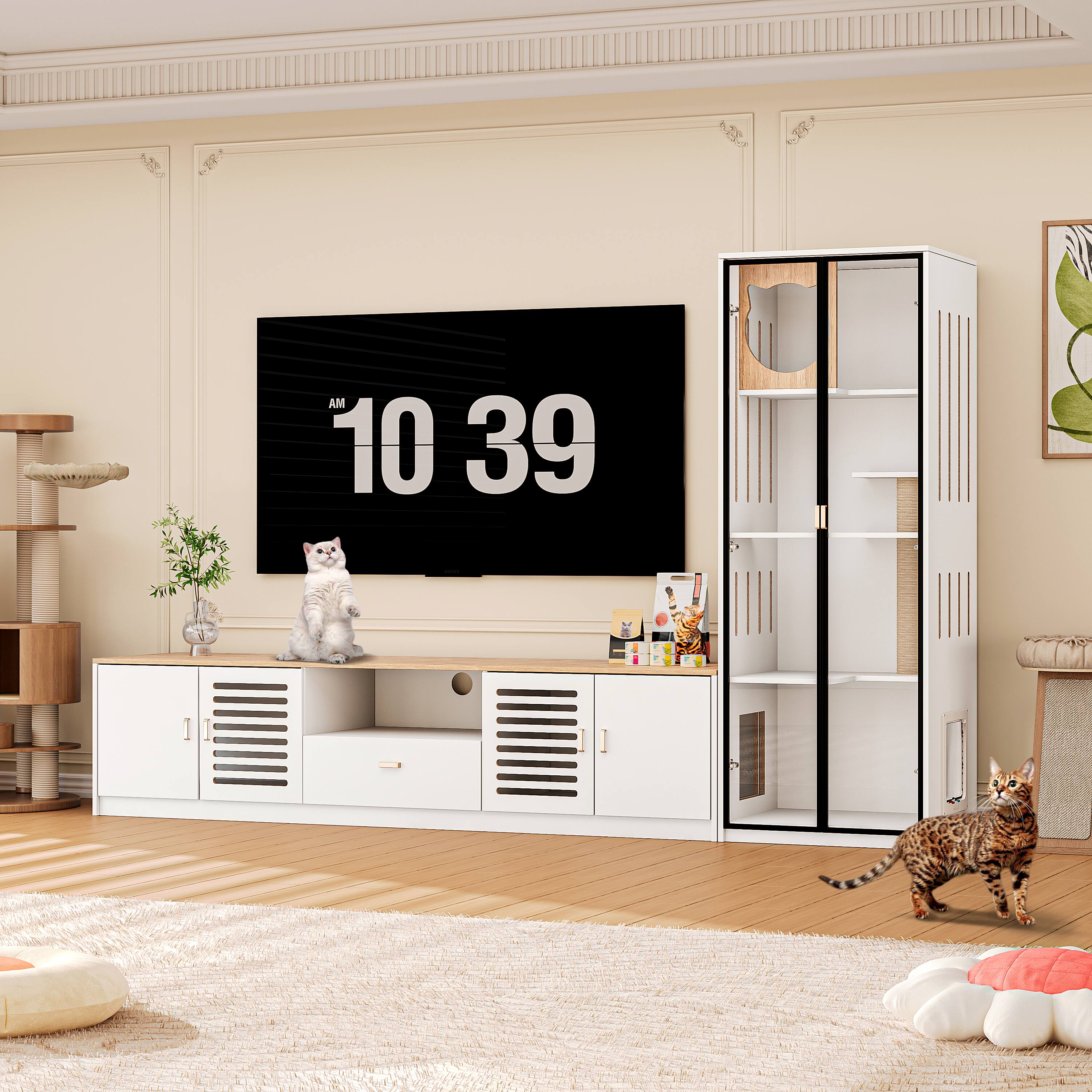 Front. MSOOB - 98.4" Entertainment Center Hidden Cat Litter Box Enclosure for 85" TV, Included TV Stand and Glass Cabinet Cat House - White.
