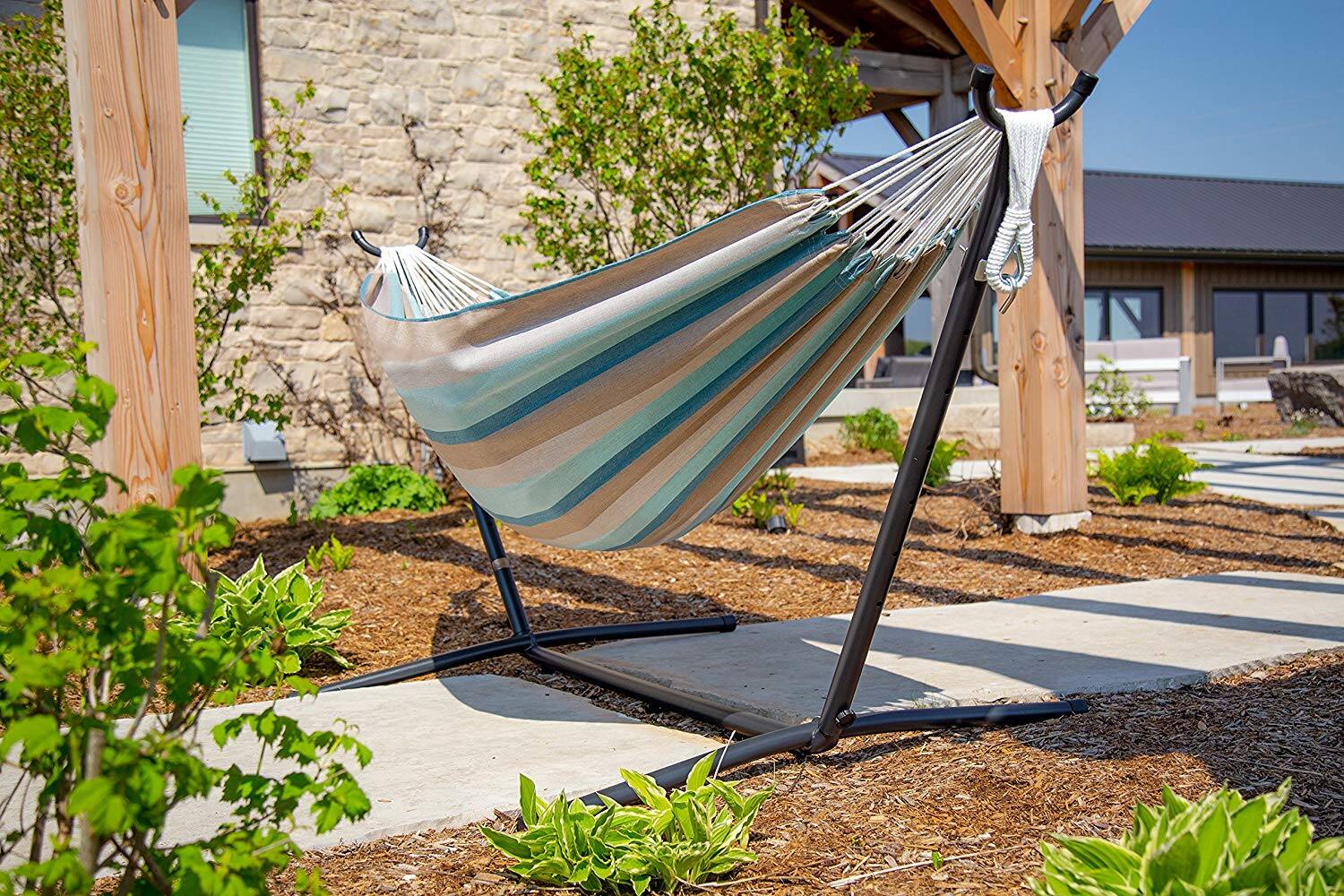 Alt View 2. Vivere - Vivere Brazilian Style Sunbrella Double Hammock with Steel Stand, Gateway Mist - Lagoon.