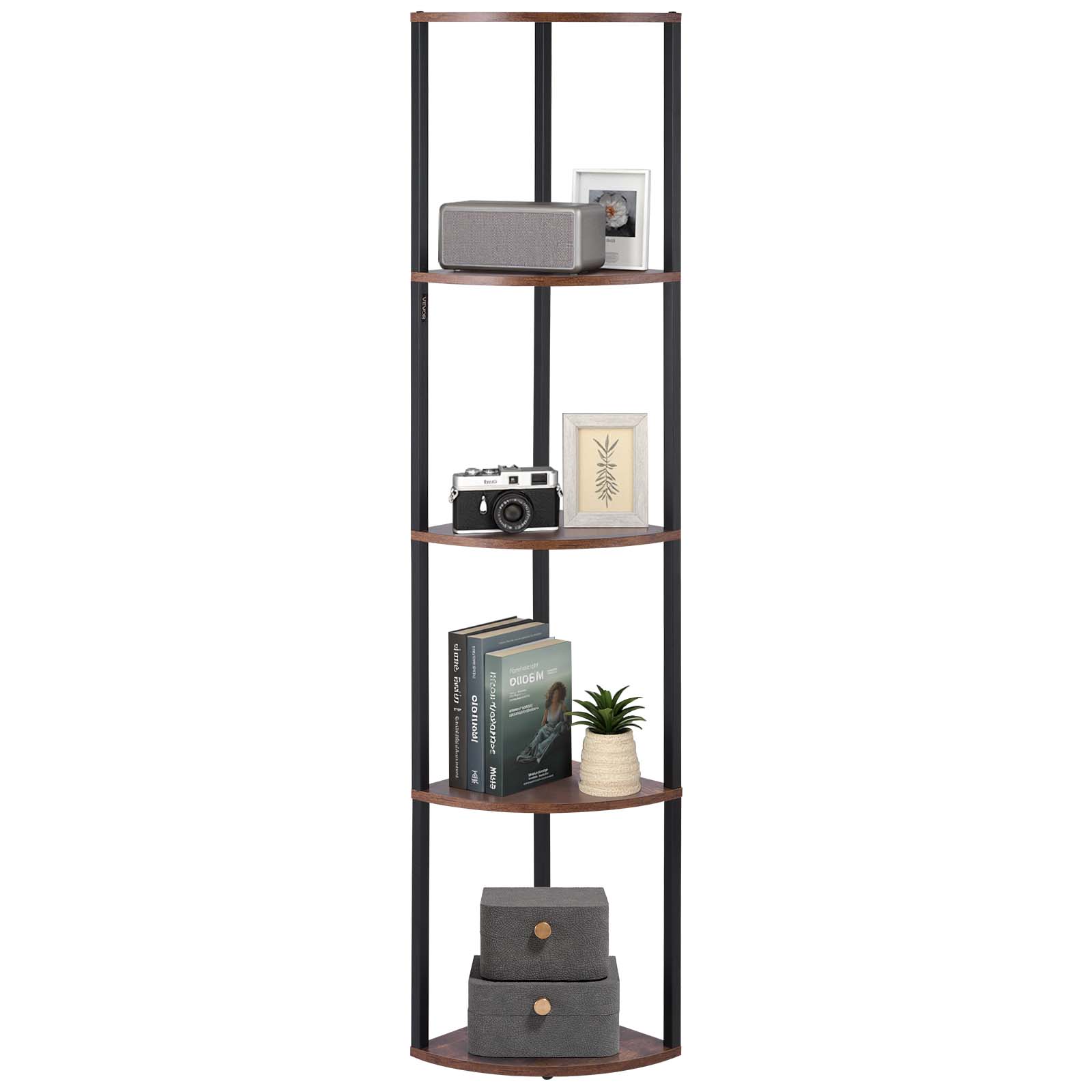 VEVOR - 5 Tier Corner Shelf with LED Light, 64" Tall Corner Bookshelf with Storage Shelves for Collectibles, Display Shelf - Brown