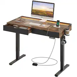 Bestier - 47inch Adjustable Standing Computer Desk with LED Lights Storage drawer - Brown