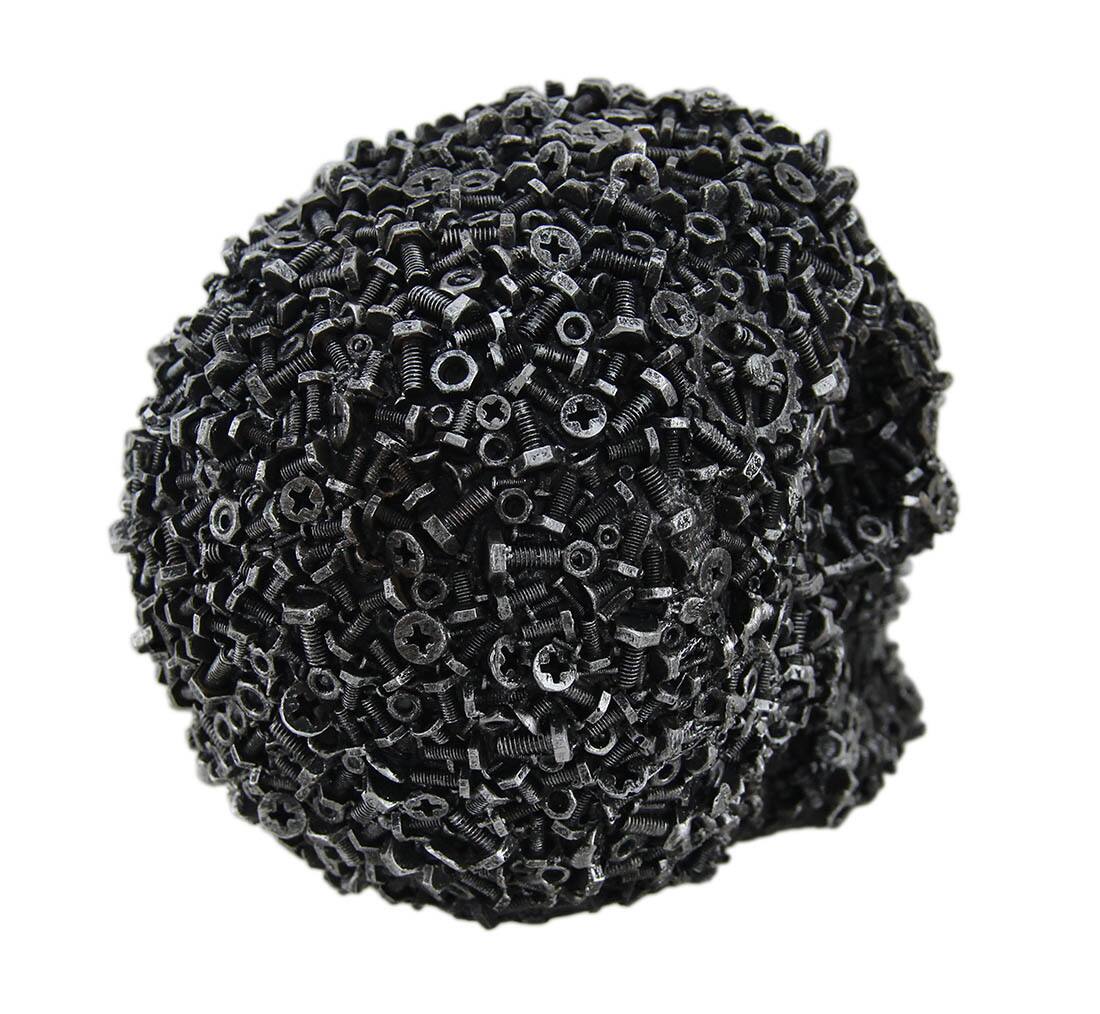 Alt View 2. Zeckos - Scrap Head Steampunk Junk Pile Nuts & Bolts Covered Skull Statue 6 inch - Silver.