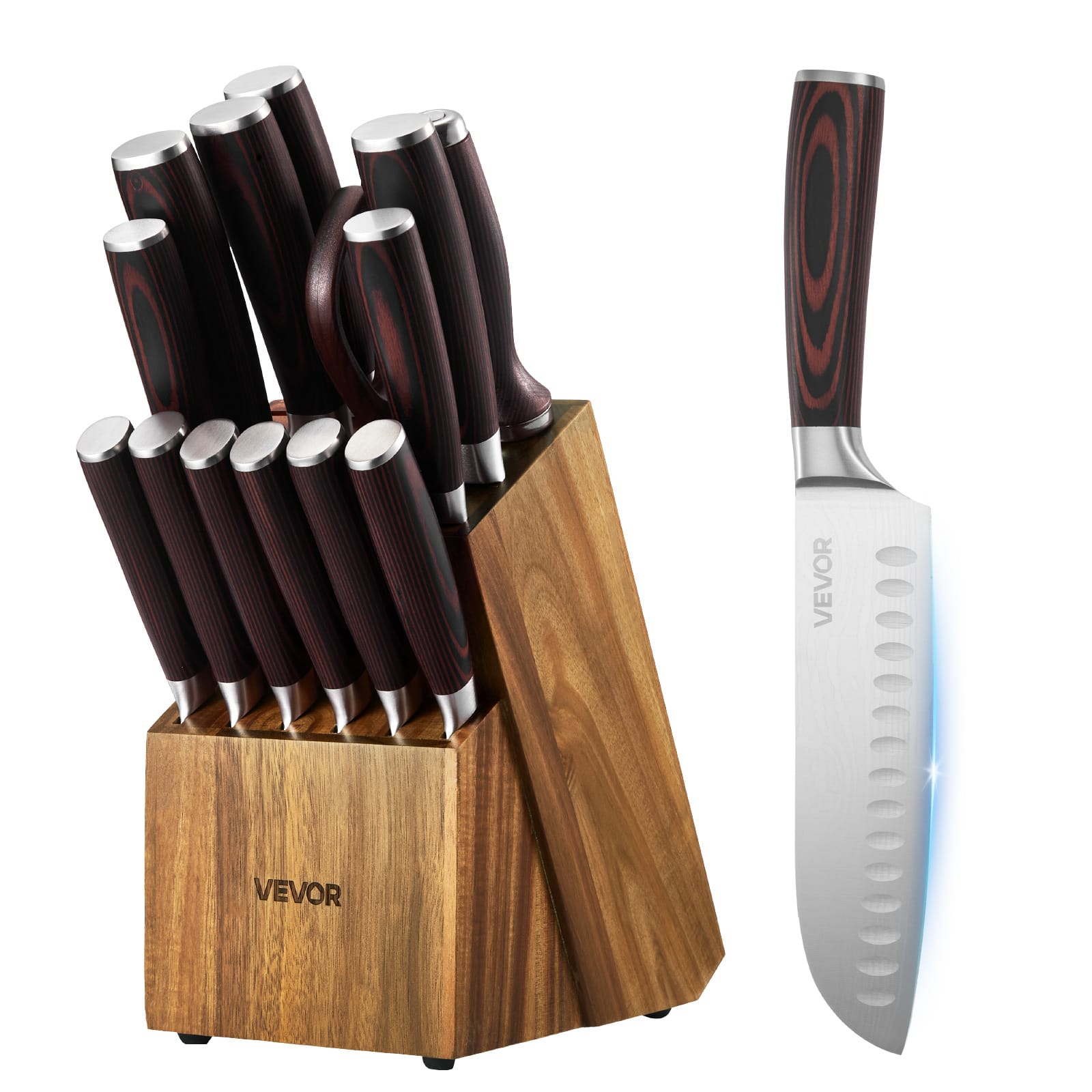 VEVOR - Kitchen Knife Set with Block and Sharpener, 15 Piece High Carbon Stainless Steel Knife Set, Rust-Resistant Kitchen - Walnut color