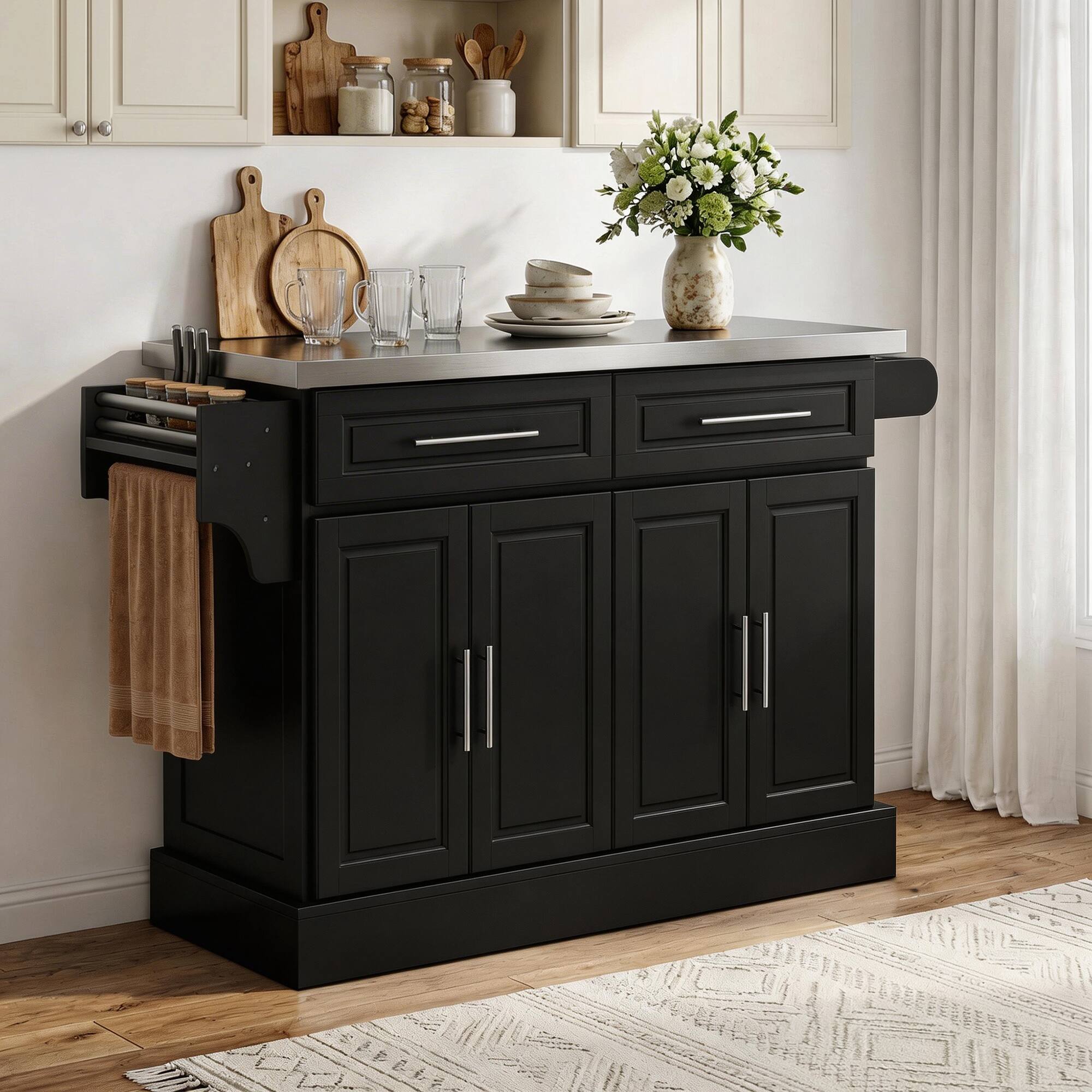 Alt View 8. Homcom - Rolling Kitchen Island Cart with Cabinets and Drawers - Black.